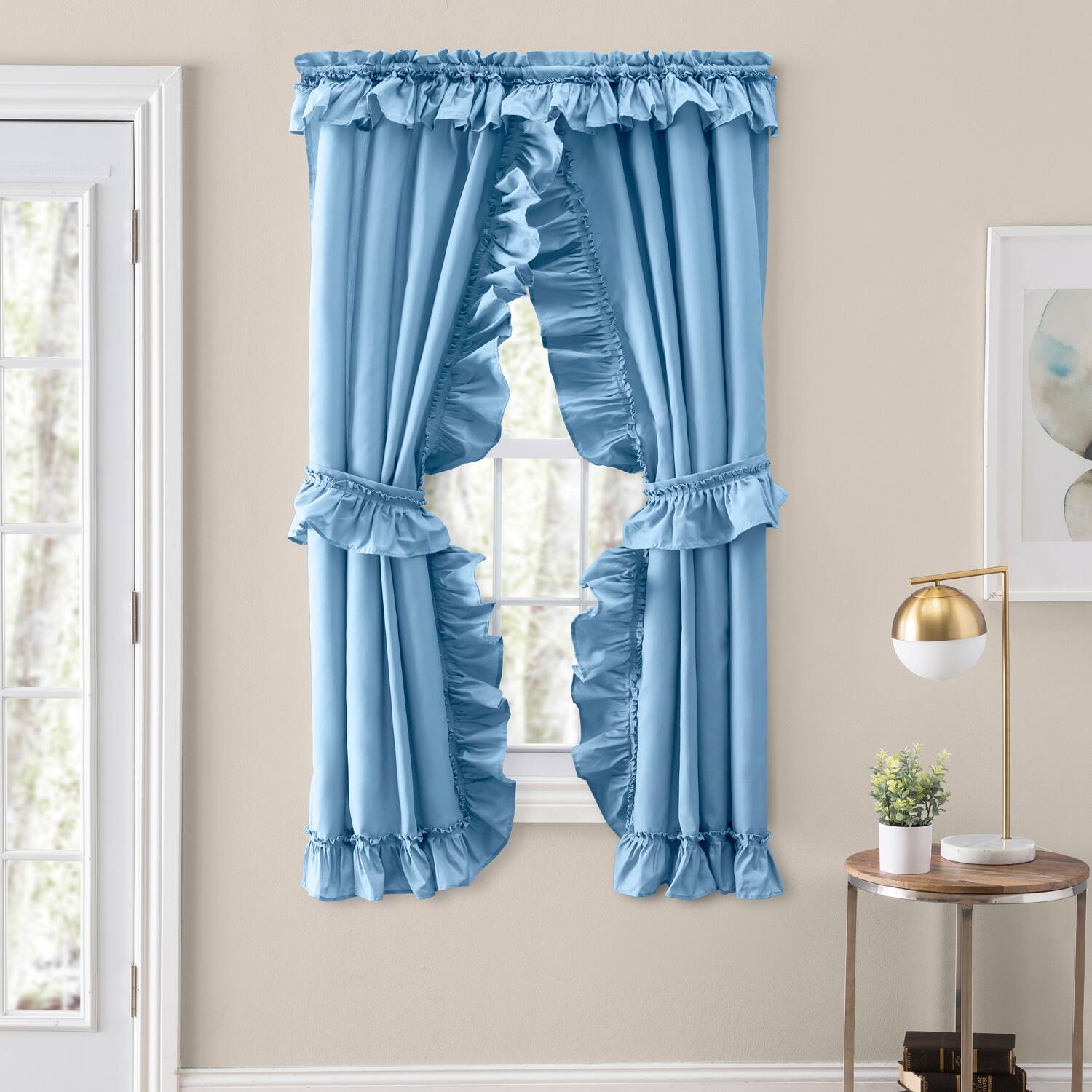 Angle. Ellis Curtain - ELLIS 70% Polyester 30% Cotton Stacey Ruffled Prscilla Pairs With Tiebacks 54" x 84" Slate - Slate.