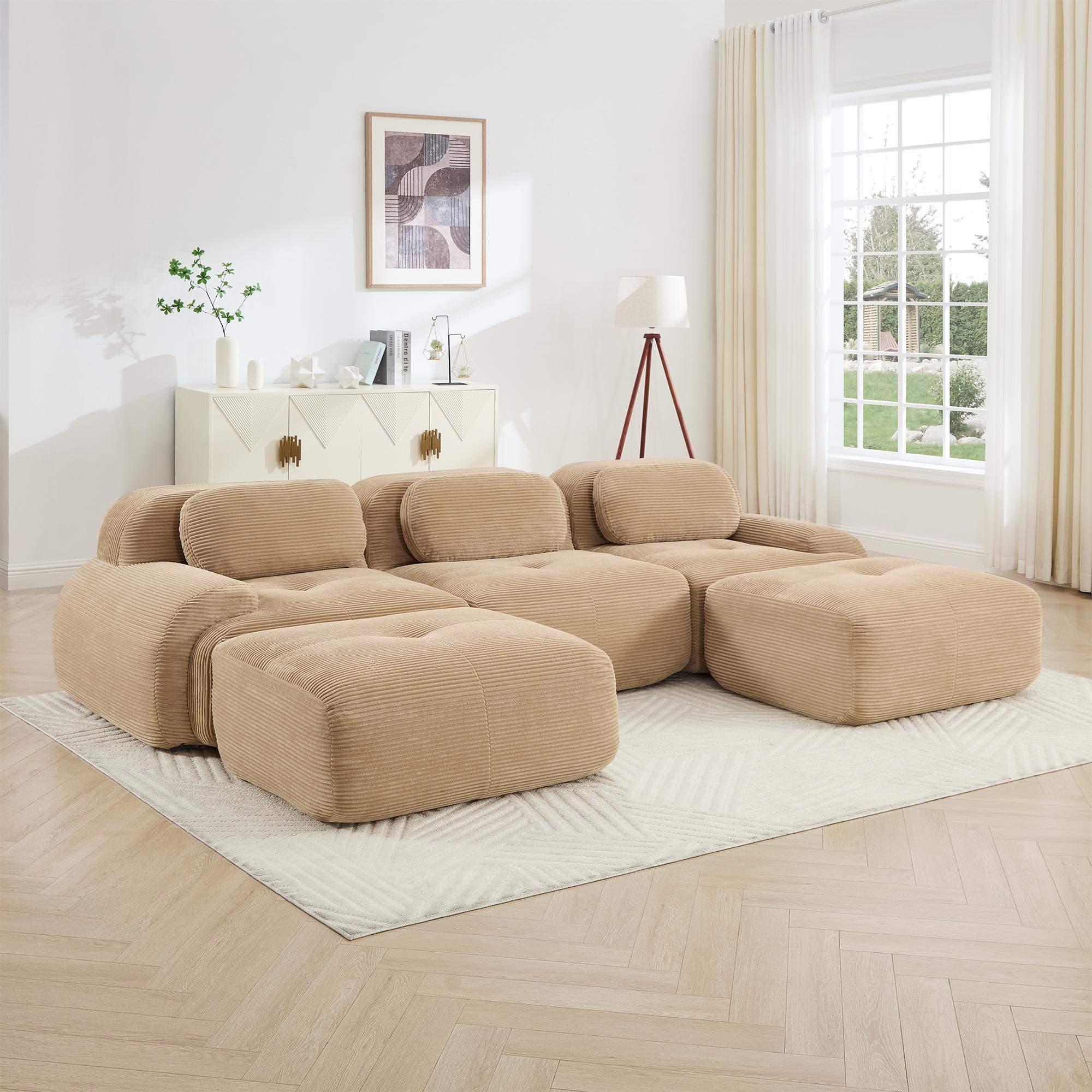 Front. Roomtec - Ushaped modular sofa premiumCorduroy Fabric fabric no assembly antislip design petfriendly extrawide curved armrests - Camel.