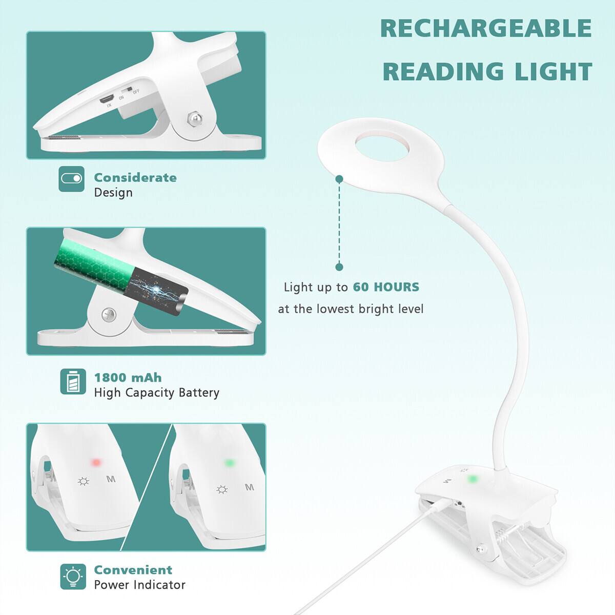 LENCENT 28 LED Desk Lamp Clip Reading Book Light USB Rechargeable Touch ...