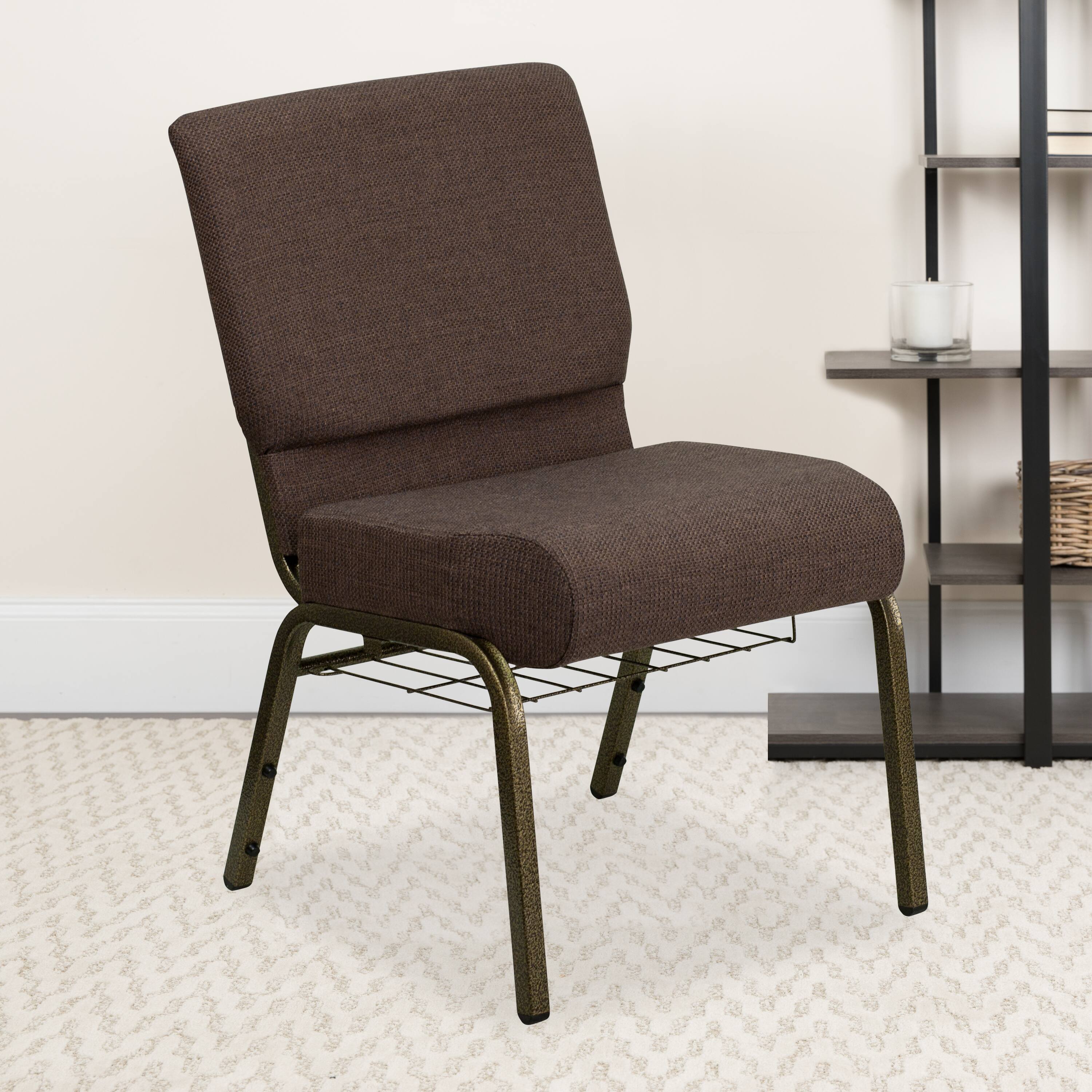 Alt View 1. Emma + Oliver - 4 Pack 21''W Church Chair with Book Rack - Brown Fabric/Gold Vein Frame.