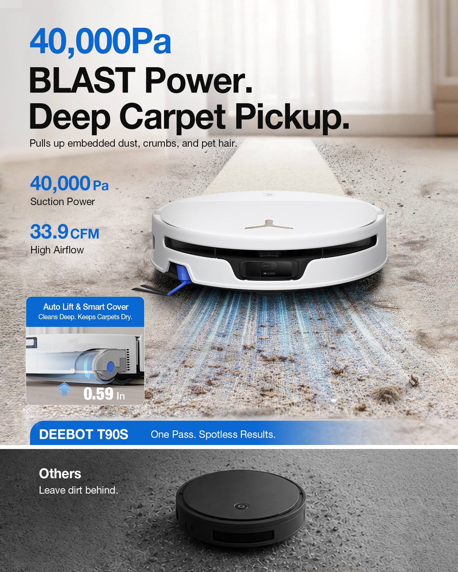 40,000Pa BLAST Power. Deep Carpet Pickup. Pulls up embedded dust, crumbs, and pet hair.

40,000 Pa Suction Power
33.9 CFM High Airflow

Auto Lift & Smart Cover Cleans Deep. Keeps Carpets Dry.
0.59 In

DEEBOT T90S
One Pass. Spotless Results.

Others Leave dirt behind.
