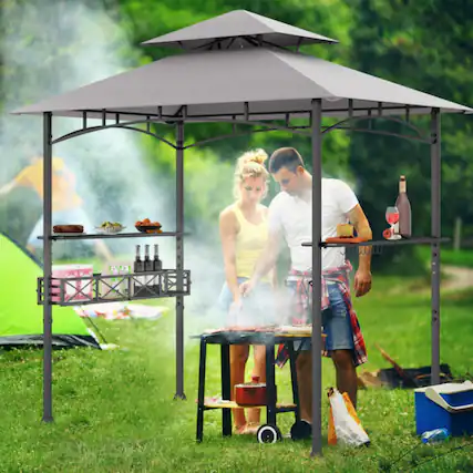 Front. Mondawe - 8 x 5 FT Freestanding Grill Gazebo with 2 Shelves and 10 Hooks - Grey+Black.