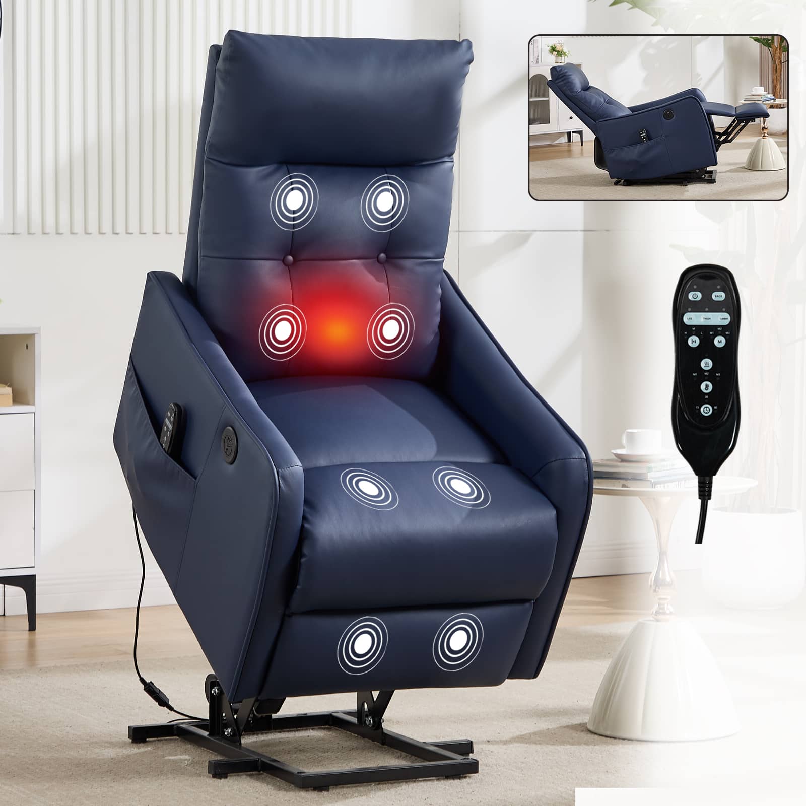 TinyHomie - PU Single Motor Power Lift Recliner Chair with Massage and Heat Heavy Duty Motion Mechanism Max Reclining Angle 155° - Blue