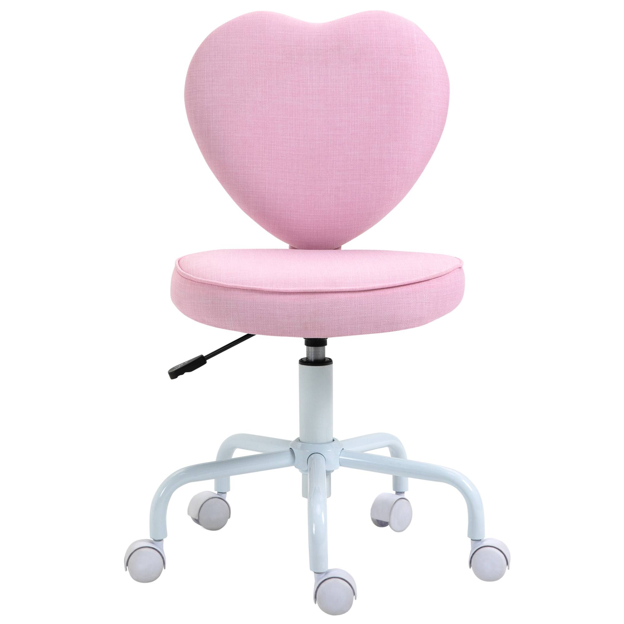 Homcom - Armless Home Office Desk Chair, Modern Fabric Makeup Vanity Chair with Heart Shape, Swivel Wheels - Pink