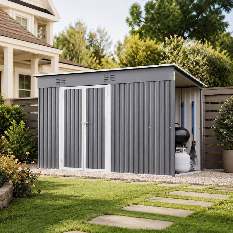 Angle. RYHNUYNE - 10x4 ft Metal Shed Lockable Door Floor Frame Tall Walk-In Garden Tools Grey - Gray.