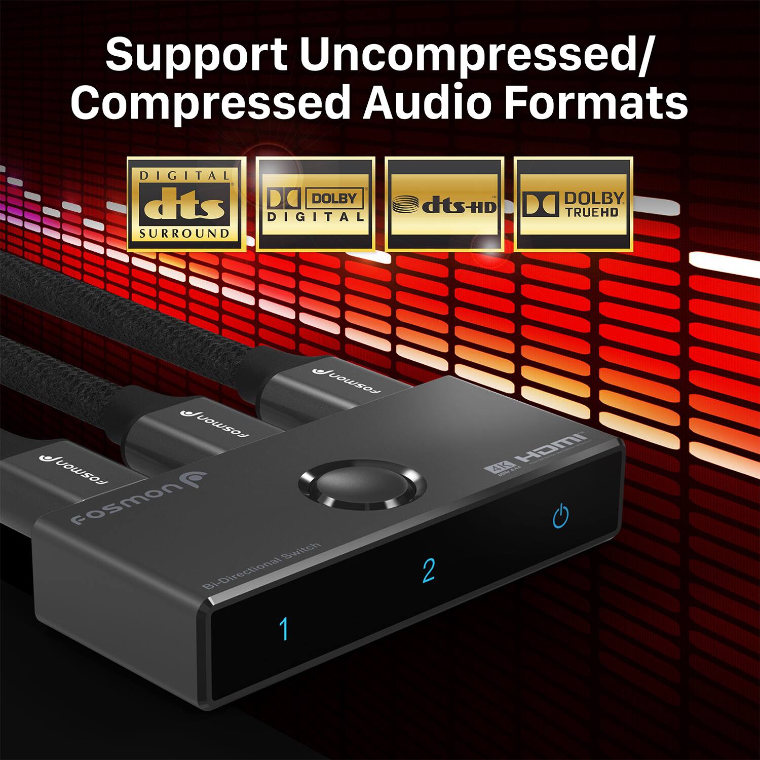 Support Uncompressed/ Compressed Audio Formats DIGITAL dts SURROUND DO DOLBY DIGITAL dtsHD DO DOLBY TRUEHD Fosmoni Switch Bi-Directional 1 2 4 HomI