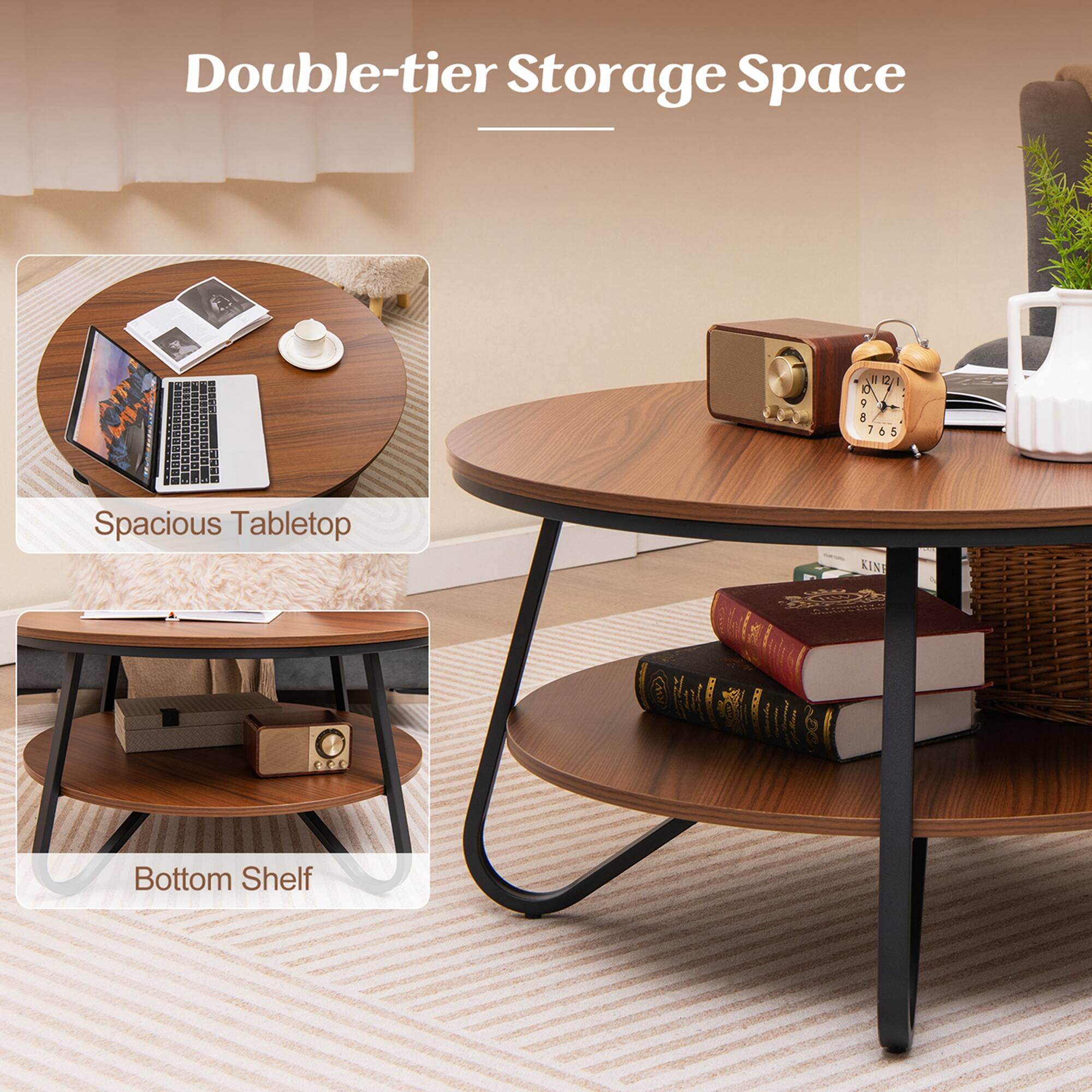 Double-tier Storage Space: This image showcases a table with a double-tier storage space, which includes a bottom shelf for additional storage. The table is surrounded by various items, such as books, a laptop, a clock, and a vase. The arrangement of these items creates a cozy and functional living space.