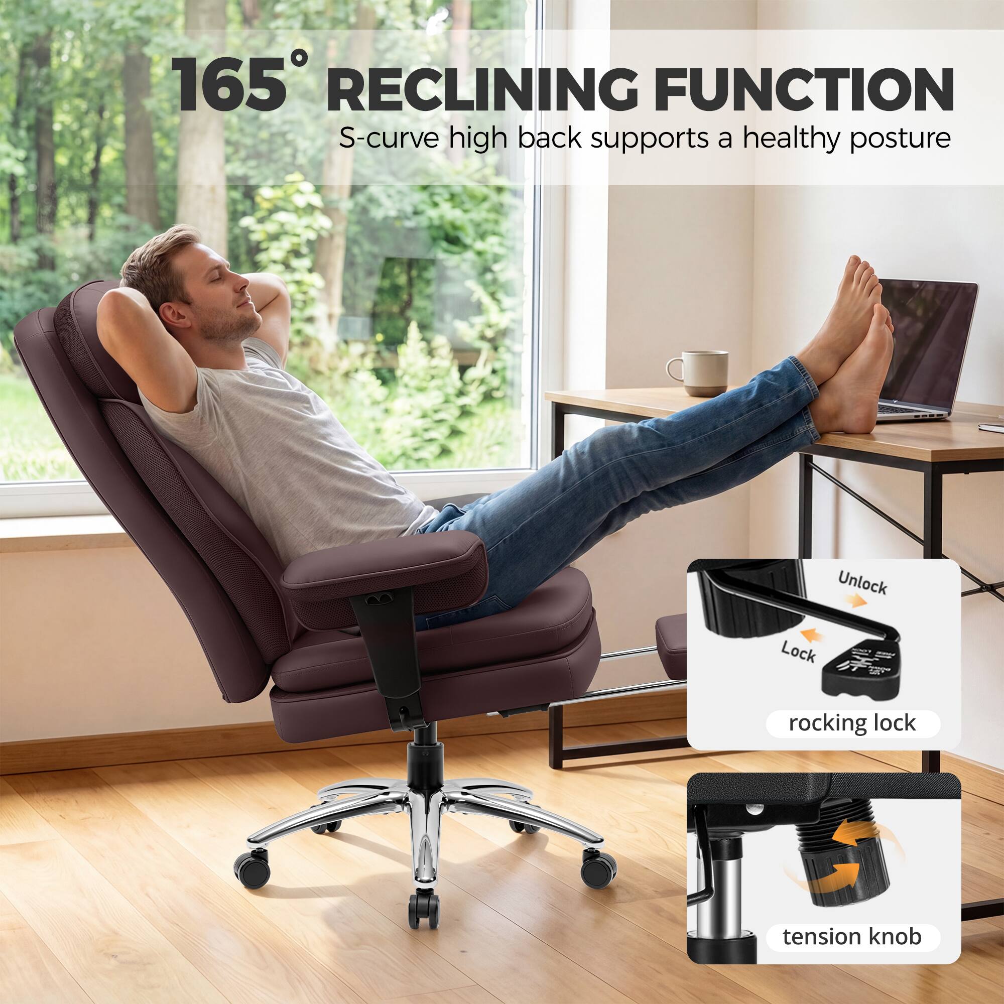 165° RECLINING FUNCTION  
S-curve high back supports a healthy posture  
Unlock Lock rocking lock tension knob