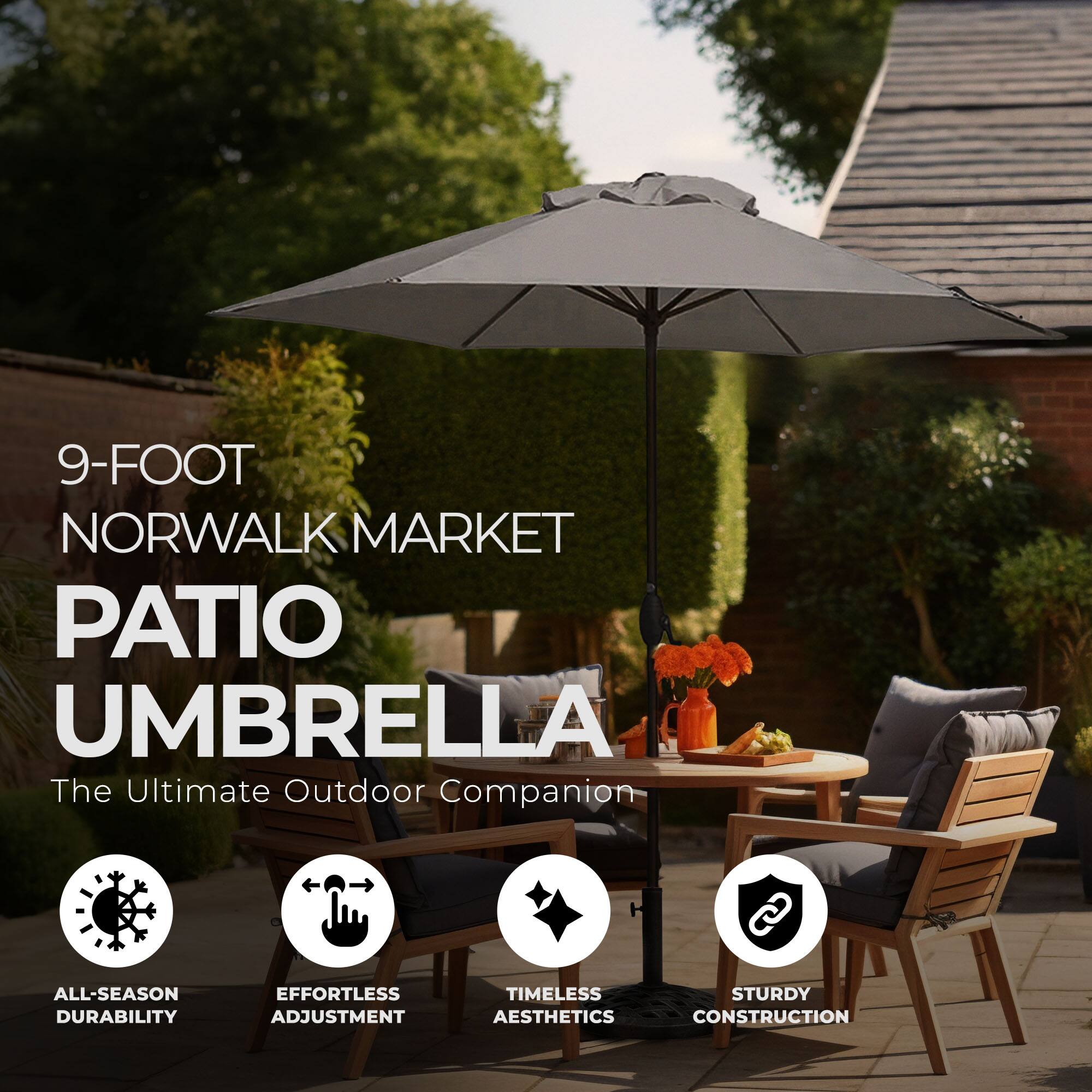 9-FOOT NORWALK MARKET PATIO UMBRELLA  
The Ultimate Outdoor Companion  

ALL-SEASON DURABILITY  
EFFORTLESS ADJUSTMENT  
TIMELESS AESTHETICS  
STURDY CONSTRUCTION