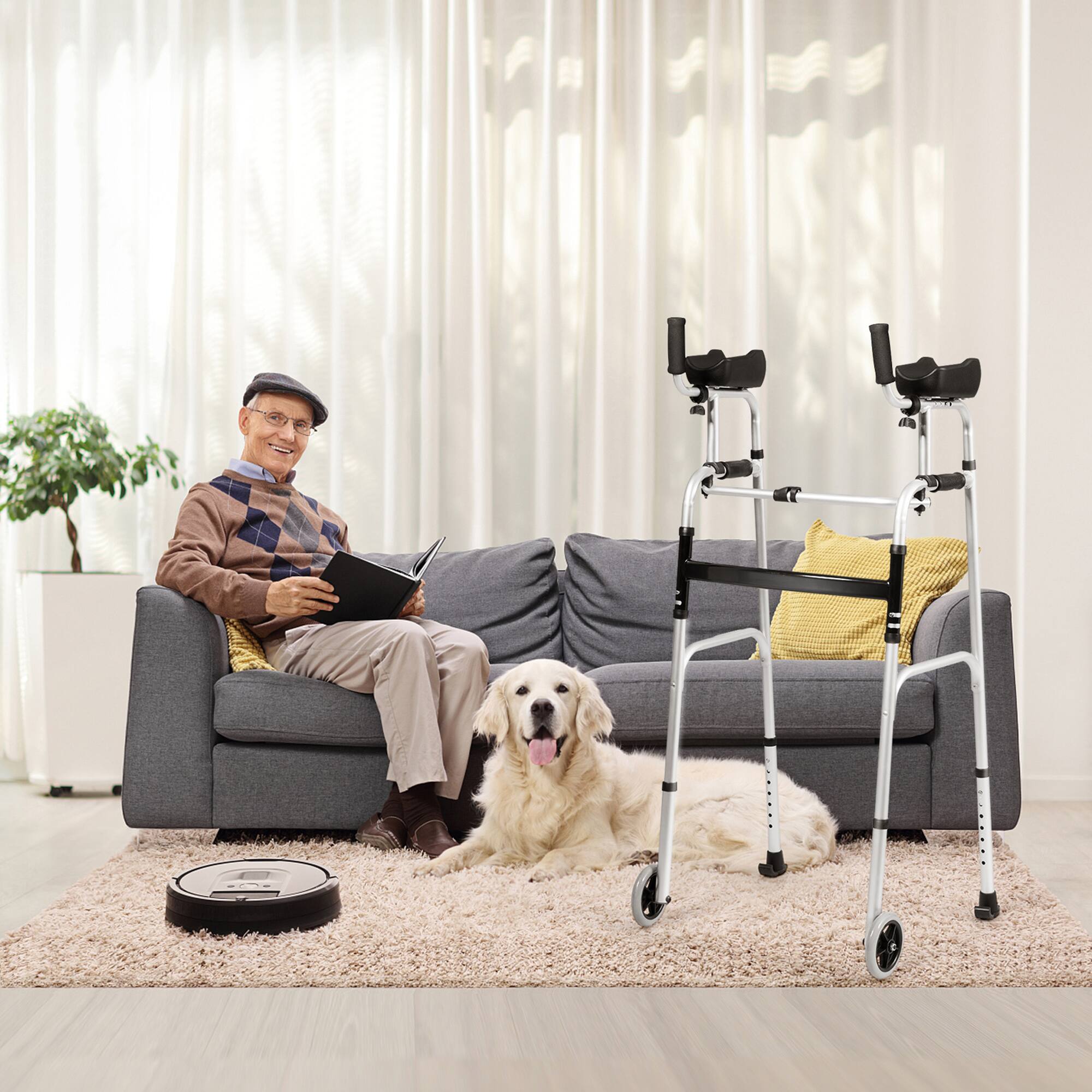 Alt View 3. Gymax - Gymax Folding Walker Adjustable Walking Frame Aluminum Walking Aid w/ Wheels Silver - Silver.