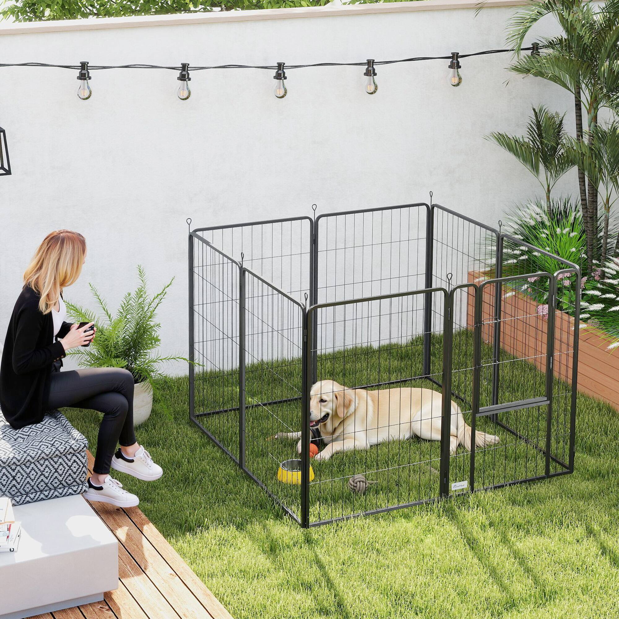 Alt View 4. Pawhut - Dog Playpen, 39.4" H 8 Panels Puppy Playpen w/Lockable Door, Indoor/Outdoor, DIY Shape Pet Fence for Small to Large Dogs - Black.