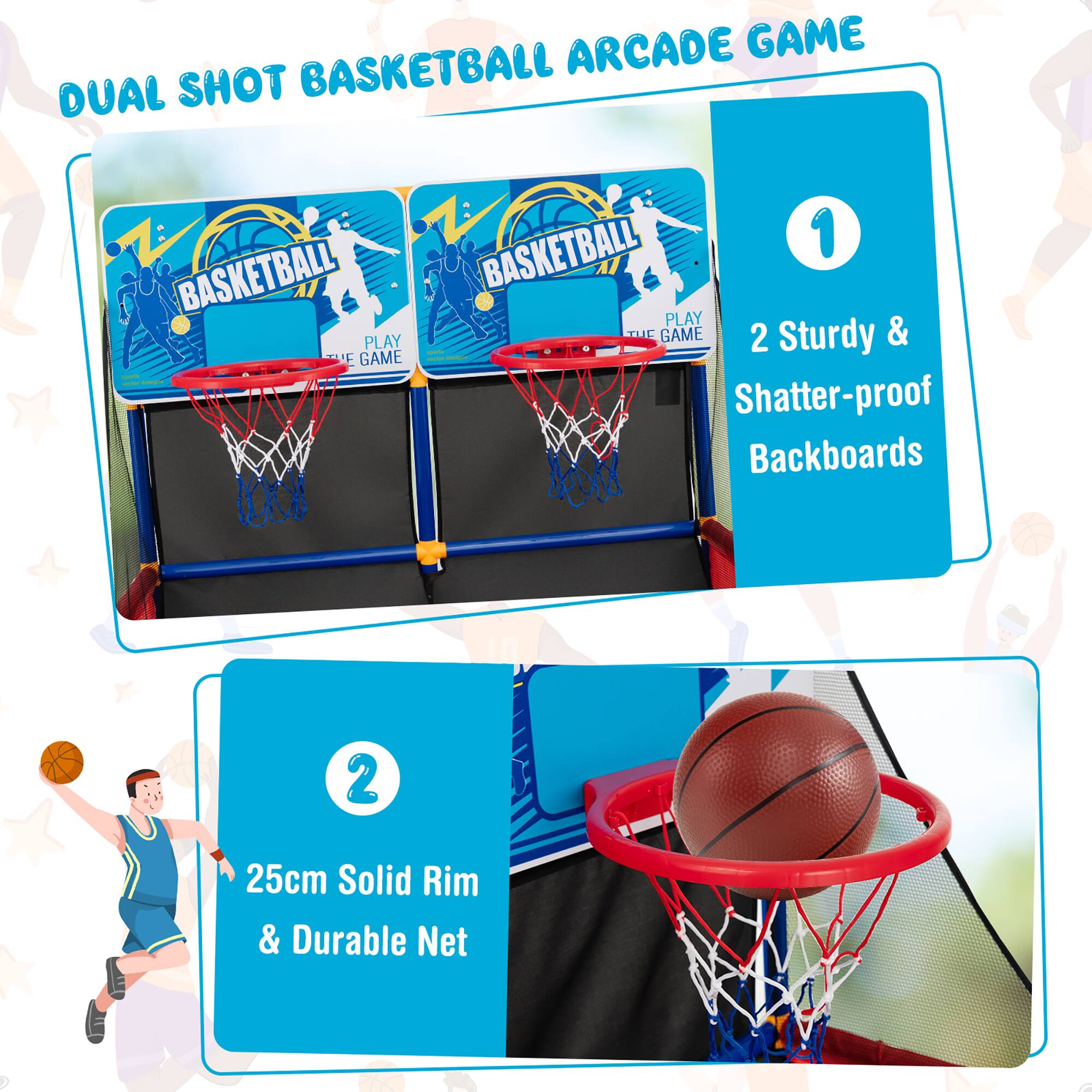 The text on the image is grouped and corrected as follows:

"Dual Shot Basketball Arcade Game: 25cm Solid Rim & Durable Net - Sturdy & Shatter-proof Backboards - 2 Play Game"
