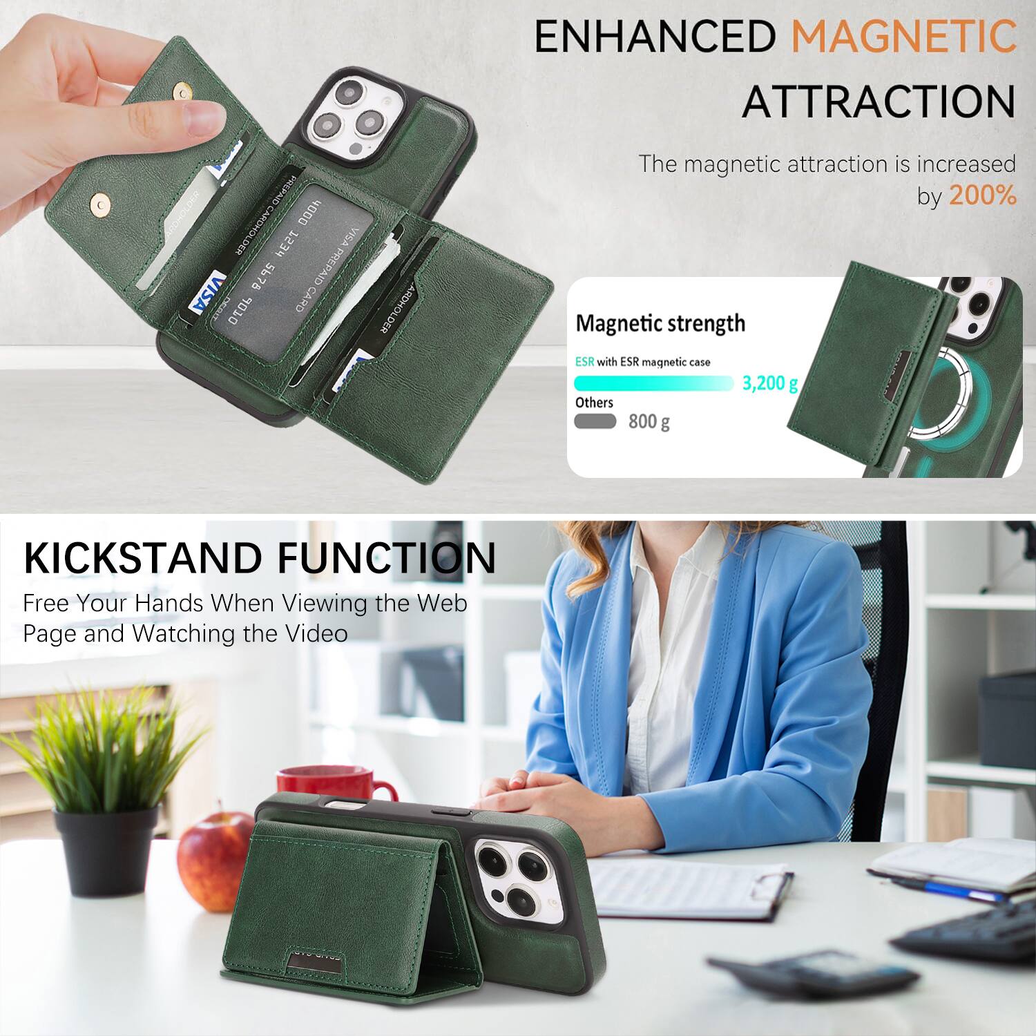 FOLPA ROHDLDWA PREPAID CARD HOLDER CAADHOLD 4000 DHER PESI VISA 5676 PREPAID VISA PRSIT 0L CARD ARDHOLDER ENHANCED MAGNETIC ATTRACTION

The magnetic attraction is increased by 200%

Magnetic strength
ESR with ESR magnetic case 3,200 g
Others 800 g

KICKSTAND FUNCTION
Free Your Hands When Viewing the Web Page and Watching the Video
