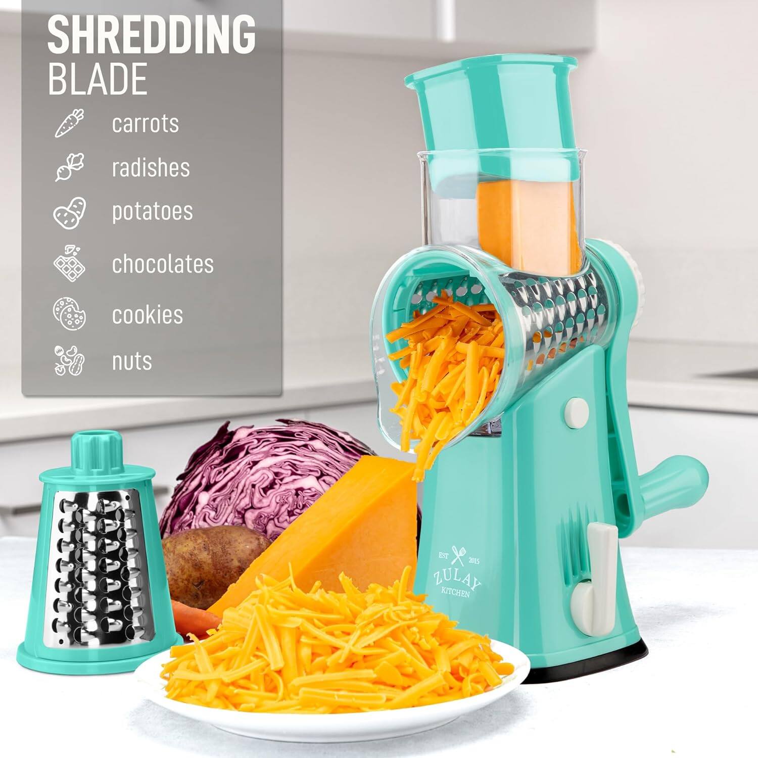 SHREDDING BLADE  
carrots  
radishes  
potatoes  
chocolates  
cookies  
nuts  

ZULAY KITCHEN
