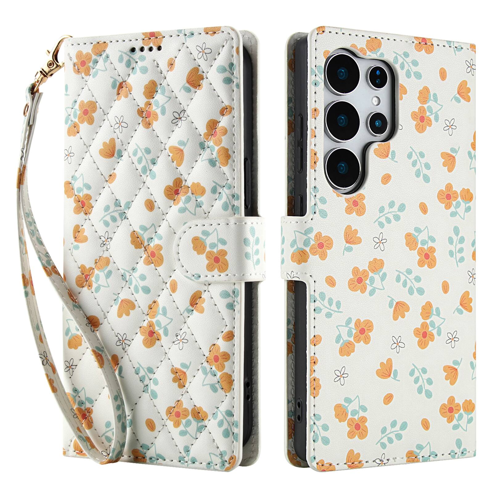 Angle. Dteck - Floral Wallet Case for Samsung Galaxy S25 Ultra with Wrist Strap, Premium PU Leather Shockproof Protective Flip Cover - C.