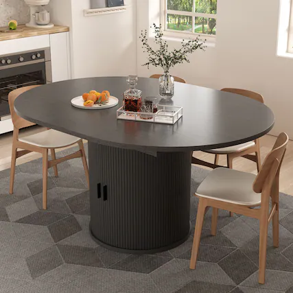 Front. Dyonery - Extendable Round Dining Table, 43-59 Inch Dining Room Kitchen Table with 2-Tier Storage Shelf With base,wood tabletop - Black.