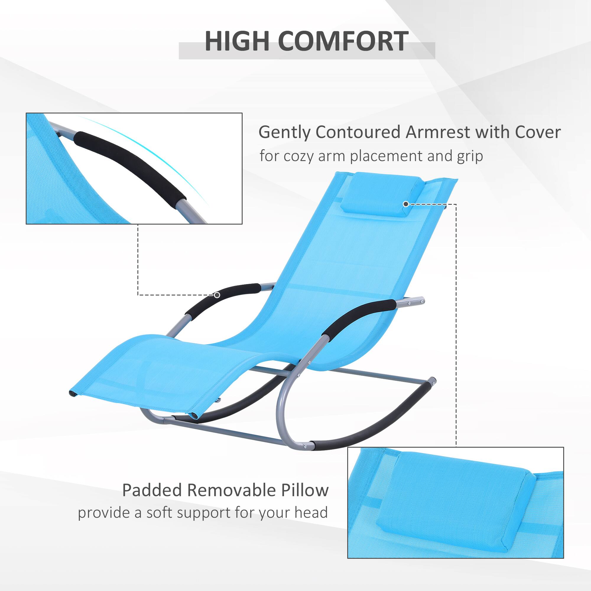 HIGH COMFORT

Gently Contoured Armrest with Cover for cozy arm placement and grip

Padded Removable Pillow provide a soft support for your head
