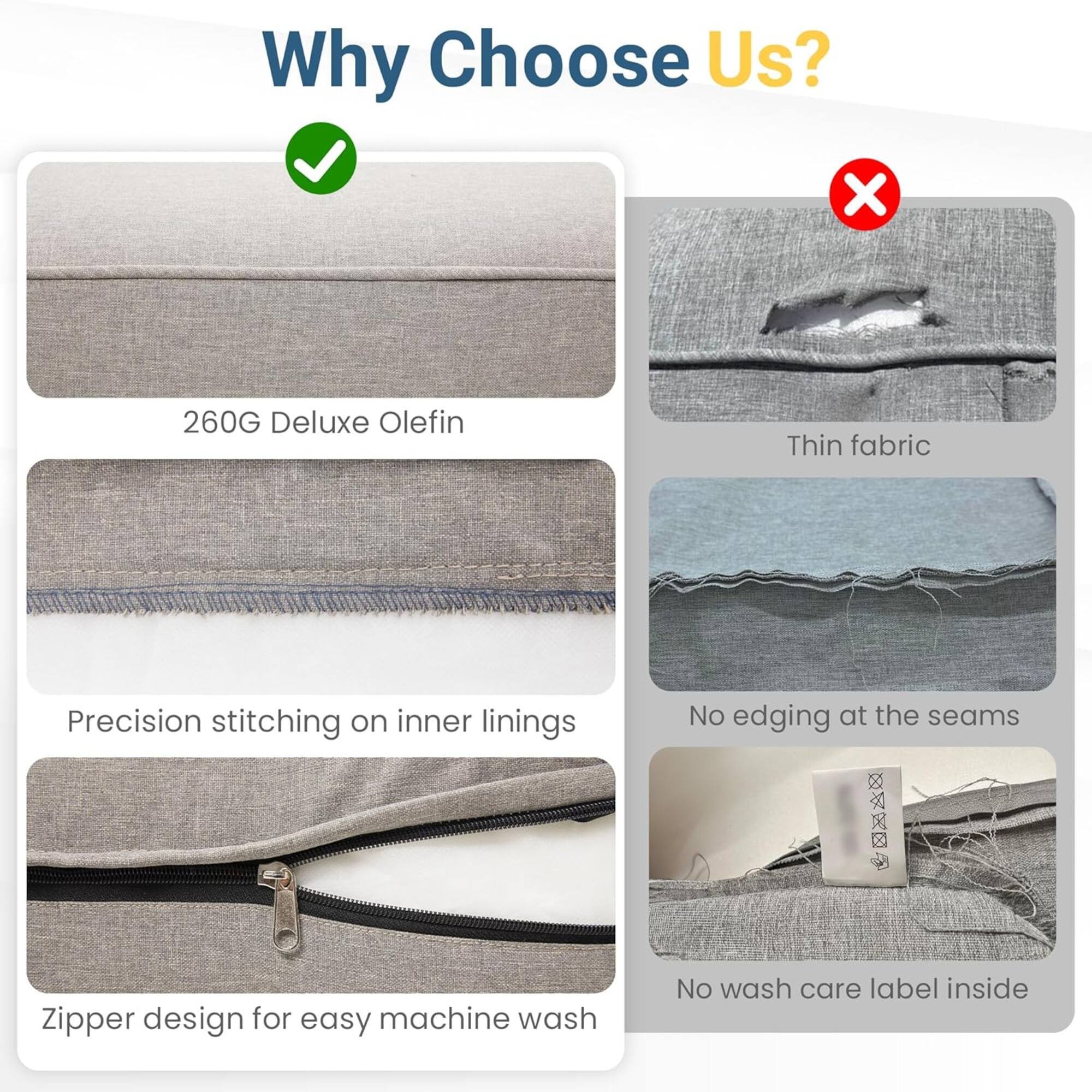 Why Choose Us?

- 260G Deluxe Olefin
- Precision stitching on inner linings
- Zipper design for easy machine wash
- No edging at the seams
- No wash care label inside