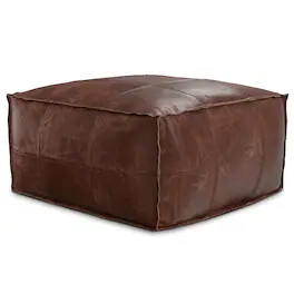 Simpli Home - Brody 26 inch Wide Square Top Stitch Pouf Genuine Leather - Distressed Brown