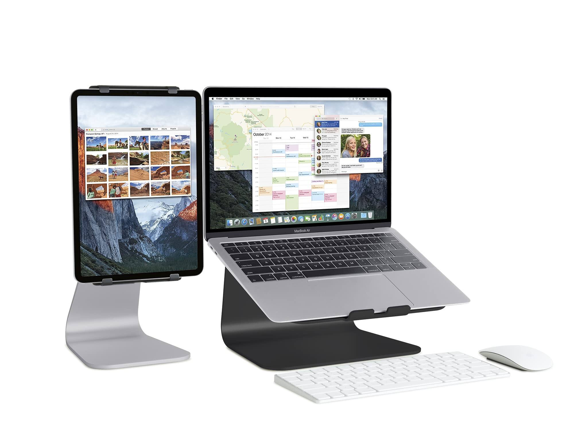 Sure, here is the corrected and grouped text from the image:

---

**Left Screen:**
- Photos of a mountainous landscape with people hiking.

**Right Screen:**
- Calendar view for October 2014.
- Photos of two people with text bubbles.
- Various icons and text indicating different events and appointments.

**Bottom Left:**
- MacBook Air

**Bottom Right:**
- Apple Magic Keyboard
- Apple Magic Mouse

---