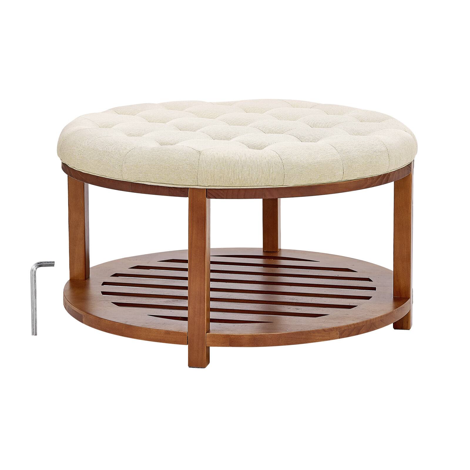 Alt View 5. VEVOR - Large Round Ottoman Coffee Table, 31.9 Inch Tufted Coffee Table with Solid Wood Shelf Storage, Linen Solid Upholstered - Linen Color.