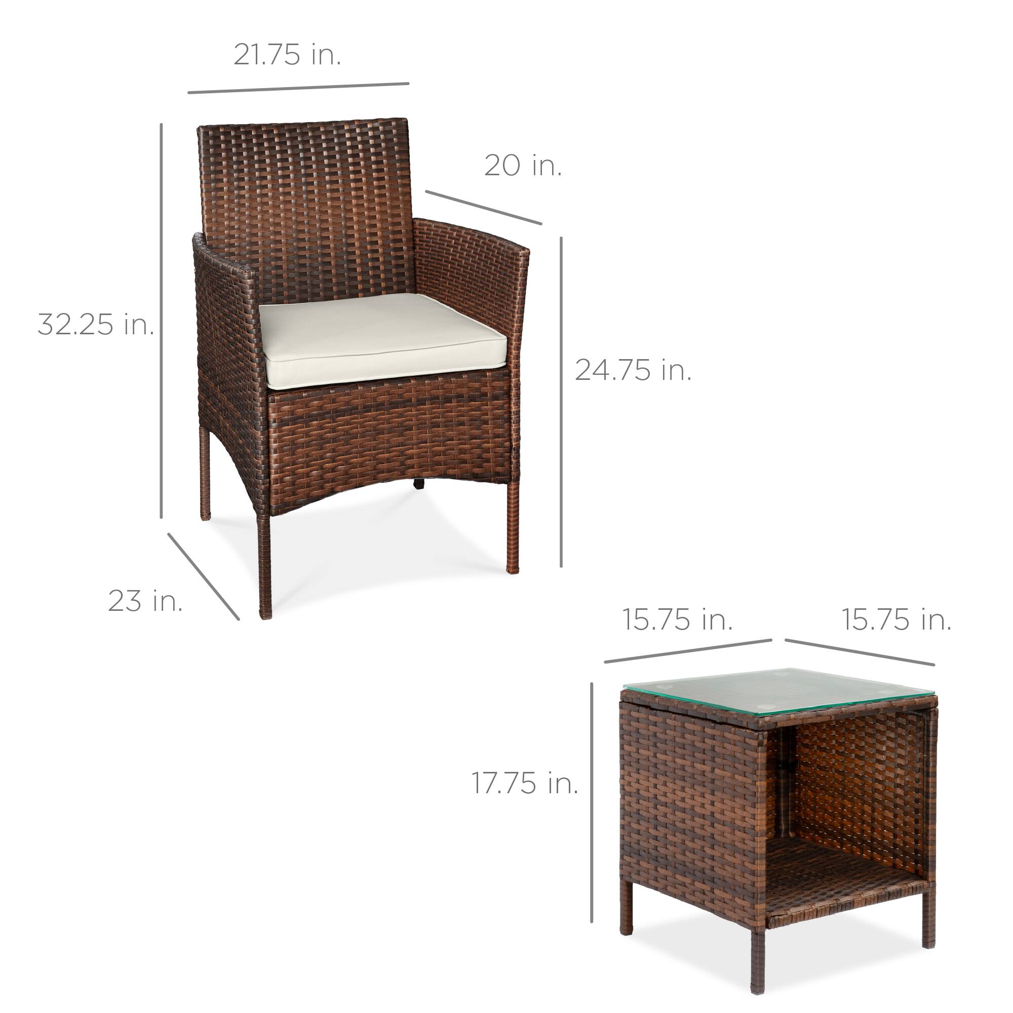 - Chair:
  - Height: 32.25 in.
  - Width: 21.75 in.
  - Depth: 24.75 in.
  - Seat Height: 17.75 in.
  - Seat Depth: 20 in.
  - Armrest Height: 23 in.

- Table:
  - Height: 15.75 in.
  - Width: 15.75 in.
  - Depth: 15.75 in.