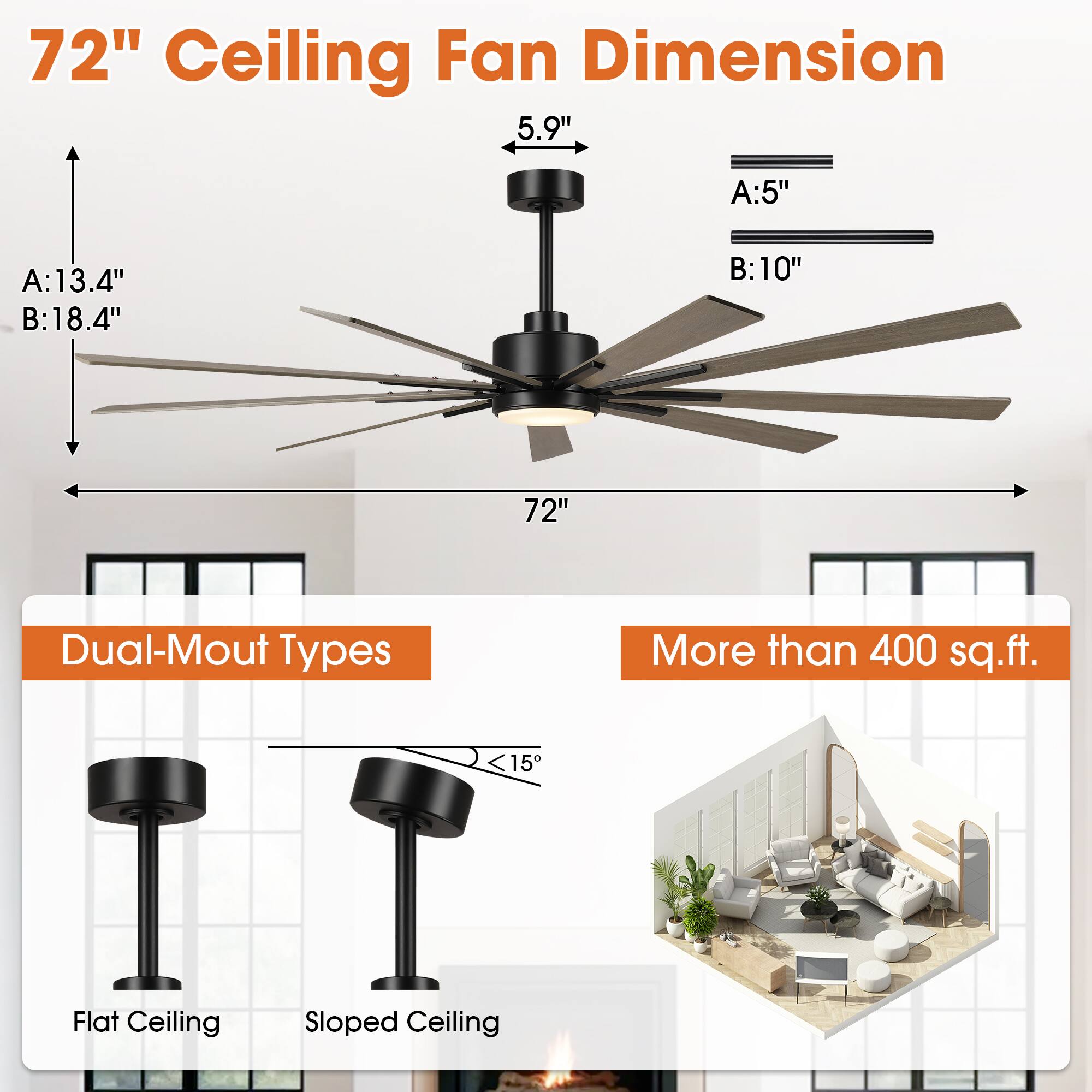 72" Ceiling Fan Dimension

- A: 13.4"
- B: 18.4"
- 5.9"
- A: 5"
- B: 10"

Dual-Mount Types

- Flat Ceiling
- Sloped Ceiling (<15°)

More than 400 sq.ft.