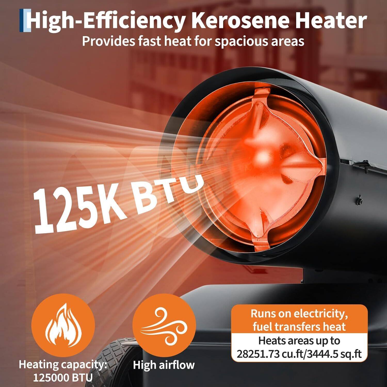 Angle. Acekool - 125000 BTUs Kerosene Forced Air Heater with Thermostat, 10 Gallon Tank for Construction Sites, Warehouses, and Workshops.