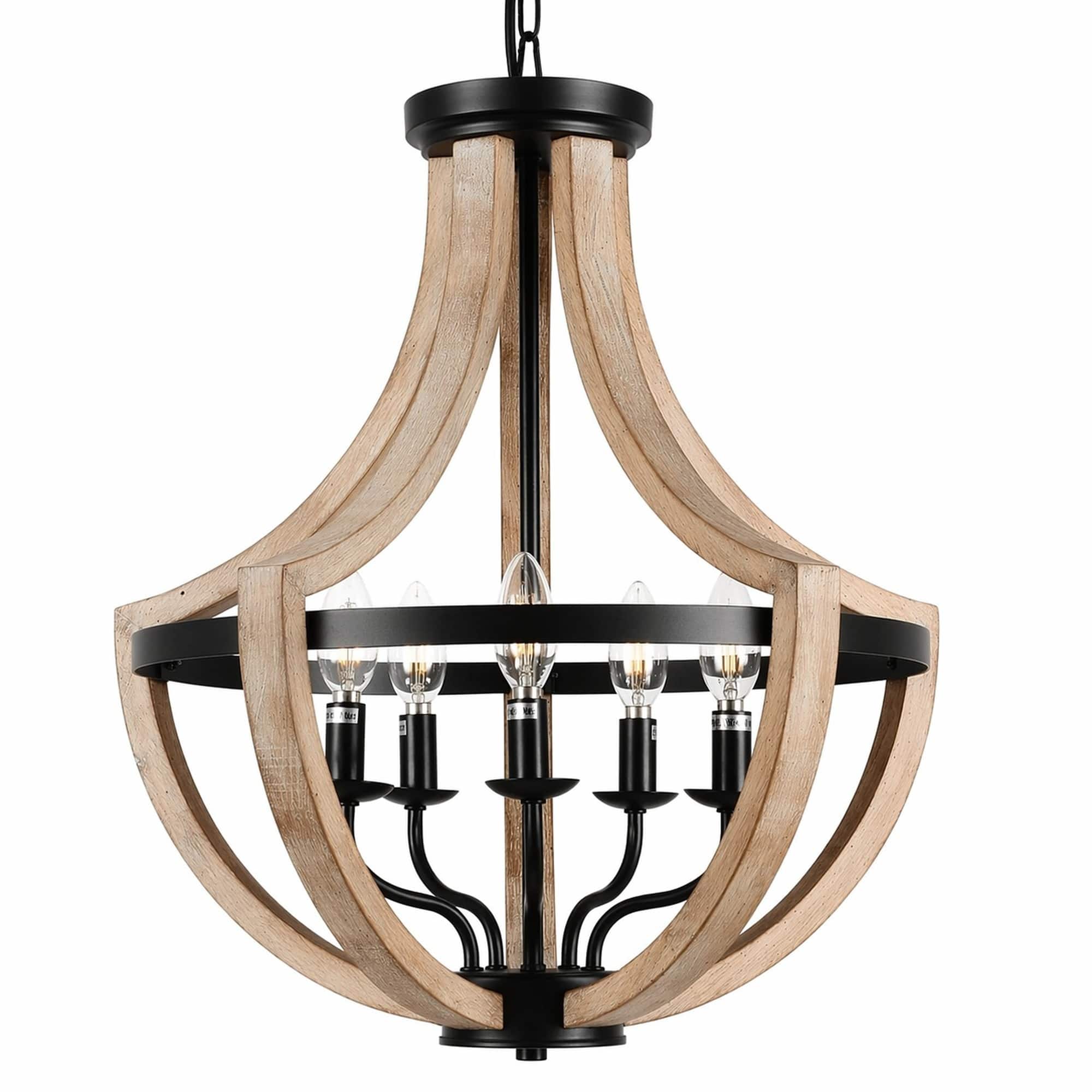 RYHNUYNE - Rustic Farmhouse 5-Light Chandelier with Solid Wood Accents and Adjustable Hanging Options for Dining Room