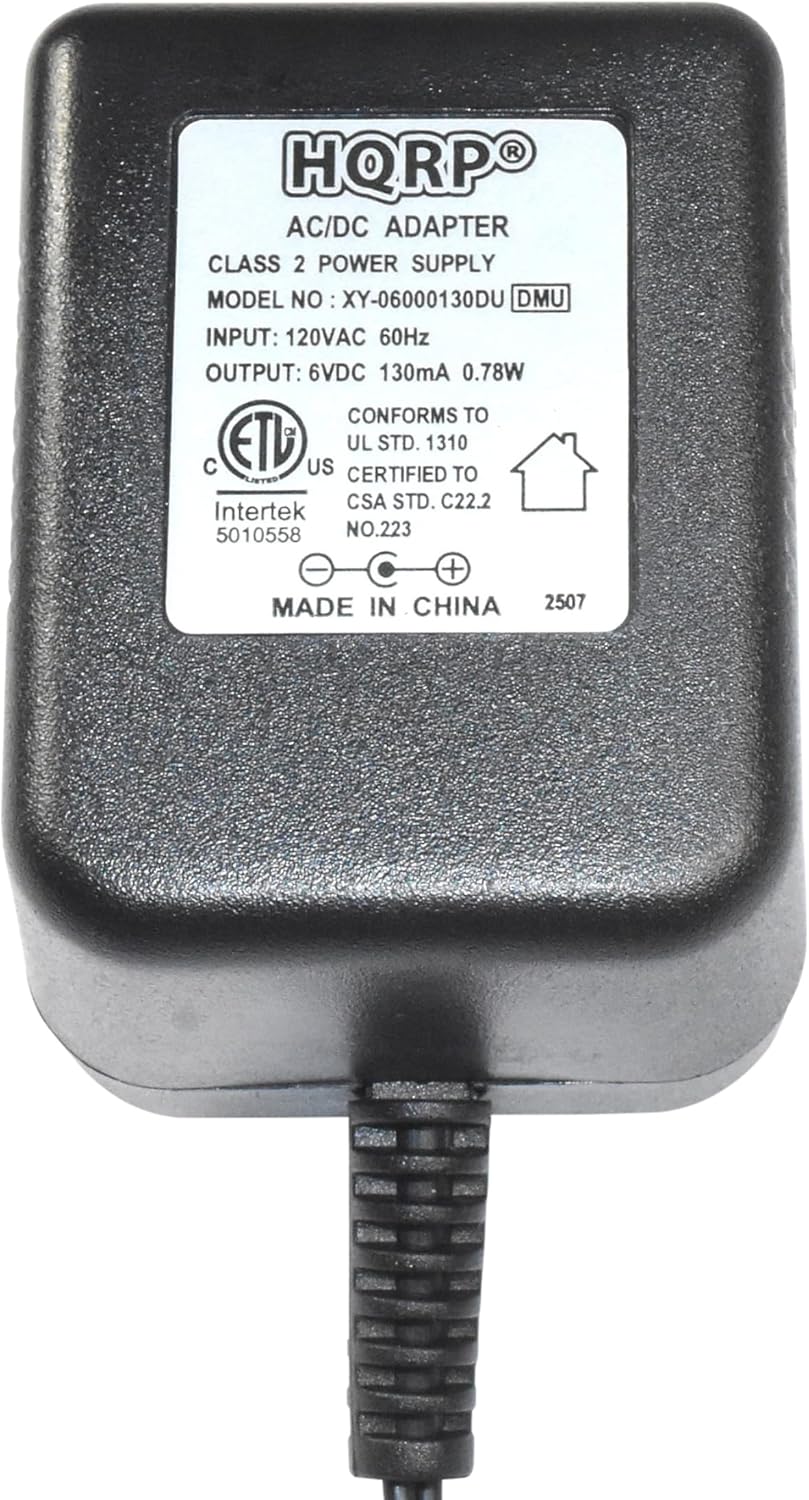 HQRP AC/DC ADAPTER CLASS 2 POWER SUPPLY MODEL NO: XY-06000130DU DMU INPUT: 120VAC 60Hz OUTPUT: 6VDC 130mA 0.78W CONFORMS TO C ETL US UL STD. 1310 CERTIFIED TO CSA STD. C22.2 Intertek 5010558 NO.223 MADE IN CHINA 2507