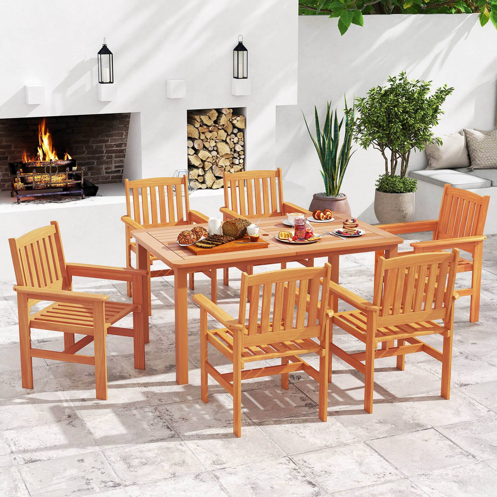 Alt View 3. Costway - Costway 7 PCS Patio Wood Dining Table Set with 2" Umbrella Hole Outside Furniture Set - Natural.