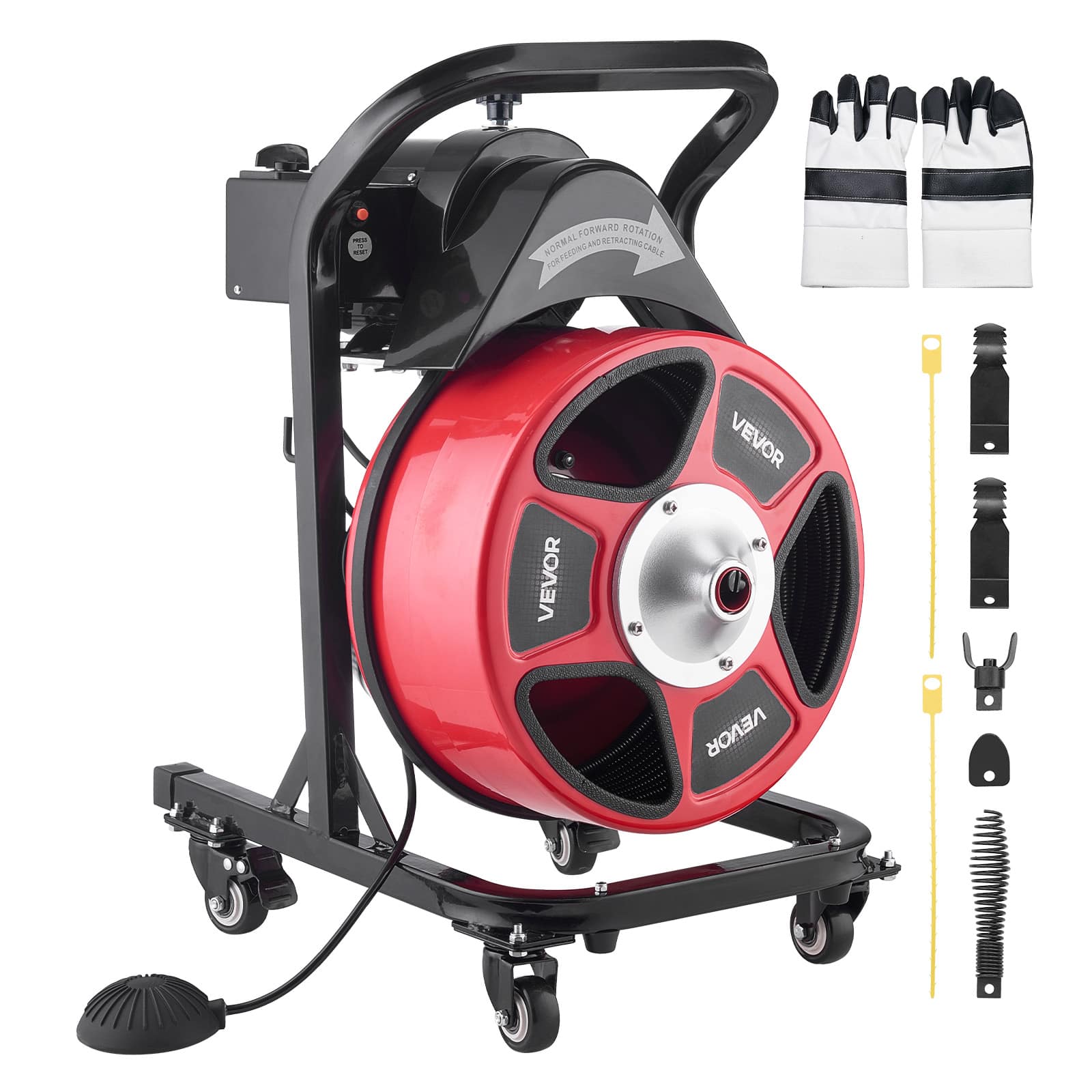 VEVOR - Drain Cleaner Machine 50 FT x 1/2 Inch, Manual Feed Sewer Snake Auger on Wheels - with 4 Cutters & Air-activated Foot