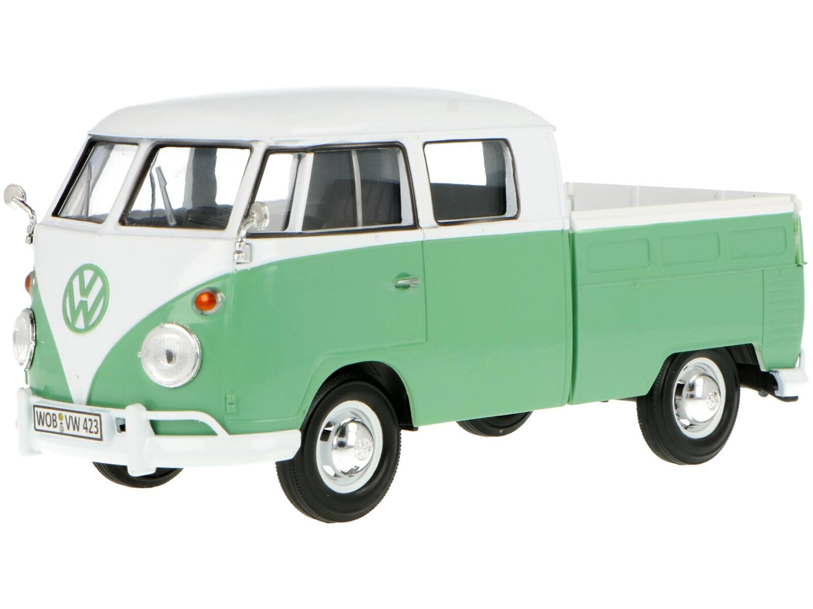 Volkswagen Type 2 (T1) Double Cab Pickup Truck White and Green 1/24 Diecast Model Car by Motormax
