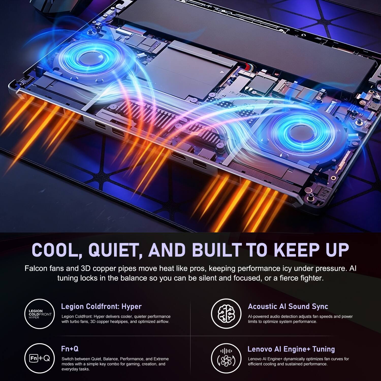 COOL, QUIET, AND BUILT TO KEEP UP

Falcon fans and 3D copper pipes move heat like pros, keeping performance icy under pressure. AI tuning locks in the balance so you can be silent and focused, or a fierce fighter.

Legion Coldfront: Hyper
Legion Coldfront: Hyper delivers cooler, quieter performance with turbo fans, 3D copper heatpipes, and optimized airflow.

Acoustic AI Sound Sync
AI-powered audio detection adjusts fan speeds and power limits to optimize system performance.

Fn+Q
Switch between Quiet, Balance, Performance, and Extreme modes with a simple key combo for gaming, creation, and everyday tasks.

Lenovo AI Engine+ Tuning
Lenovo AI Engine+ dynamically optimizes fan curves for efficient cooling and sustained performance.