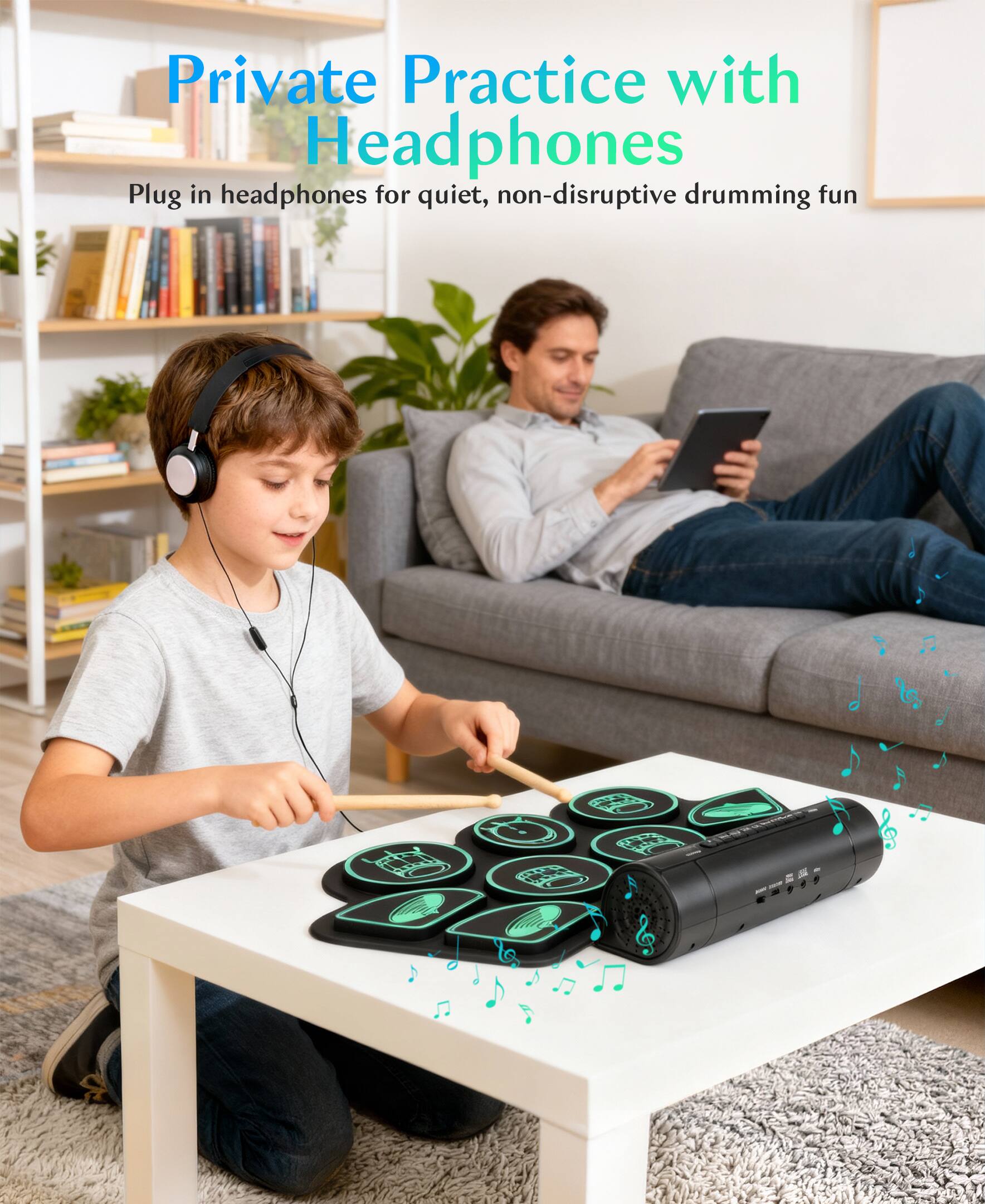 Angle. Sugift - Kids Roll-Up Electronic Drum Set with Speakers, Headphone Jack & Foot Pedals - Green - Green.