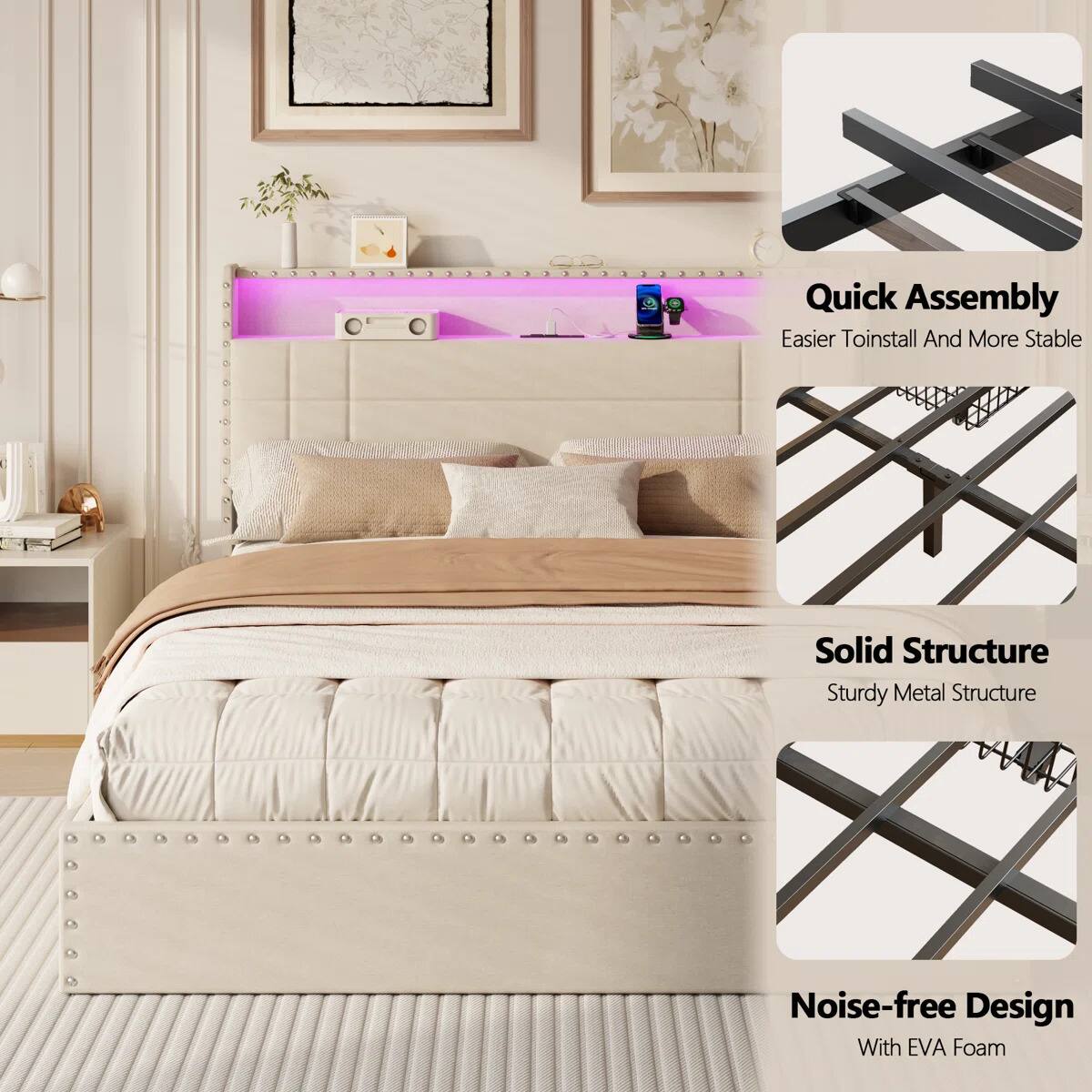 Quick Assembly  
Easier to Install and More Stable  
Solid Structure  
Sturdy Metal Structure  
Noise-free Design  
With EVA Foam