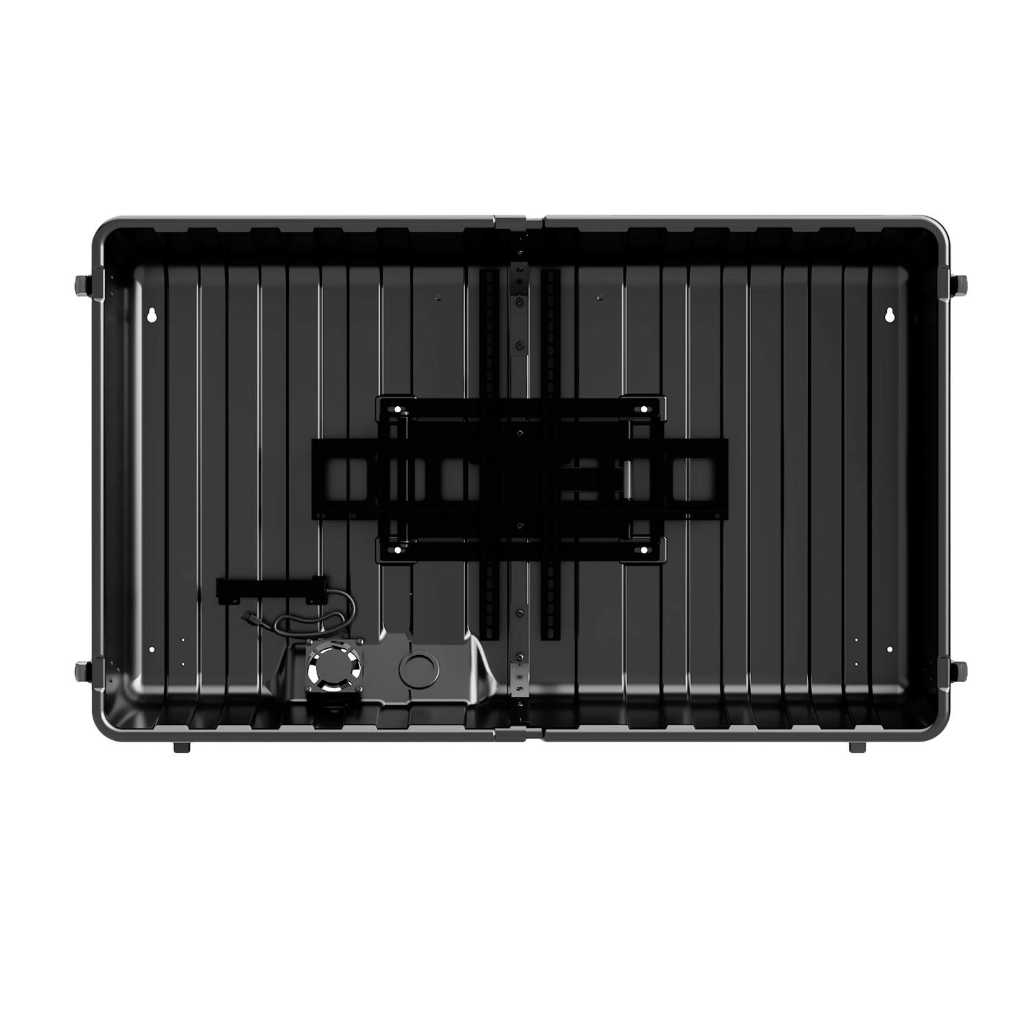 Left. Storm Shell - Deluxe Weatherproof 55”  Outdoor TV Enclosure with Full Motion TV Mount Included - Black.