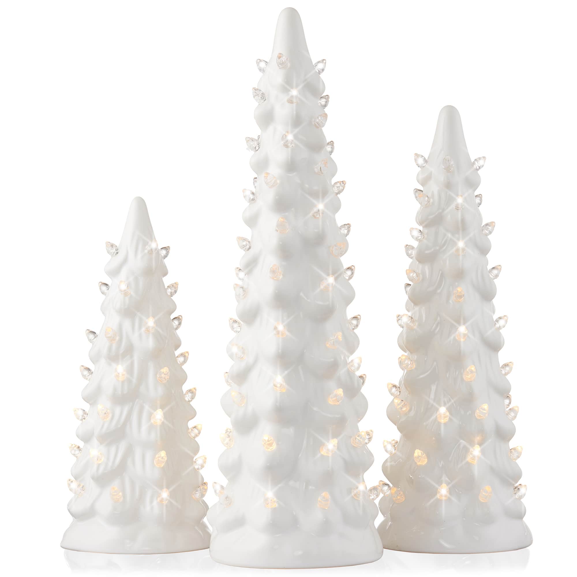 Casafield - 3PC Set 8/10/12" Pre-Lit Ceramic Christmas Trees with Lights - White w/ White