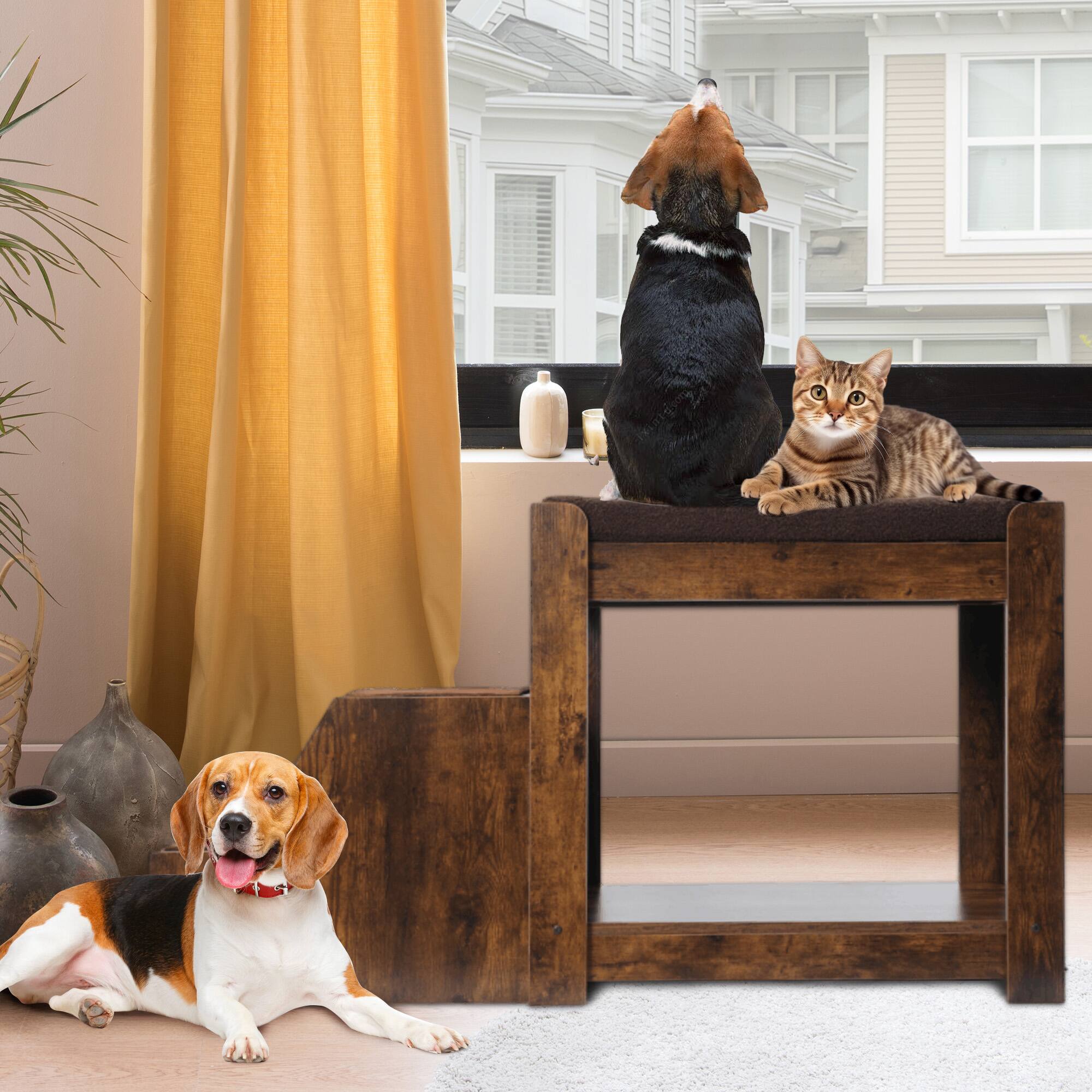 Front. Yardgrace - Pet Bunk Bed with Removable Step for Dogs and Cats Multi-Level Bed Window Perch Seat Platform - Brown.