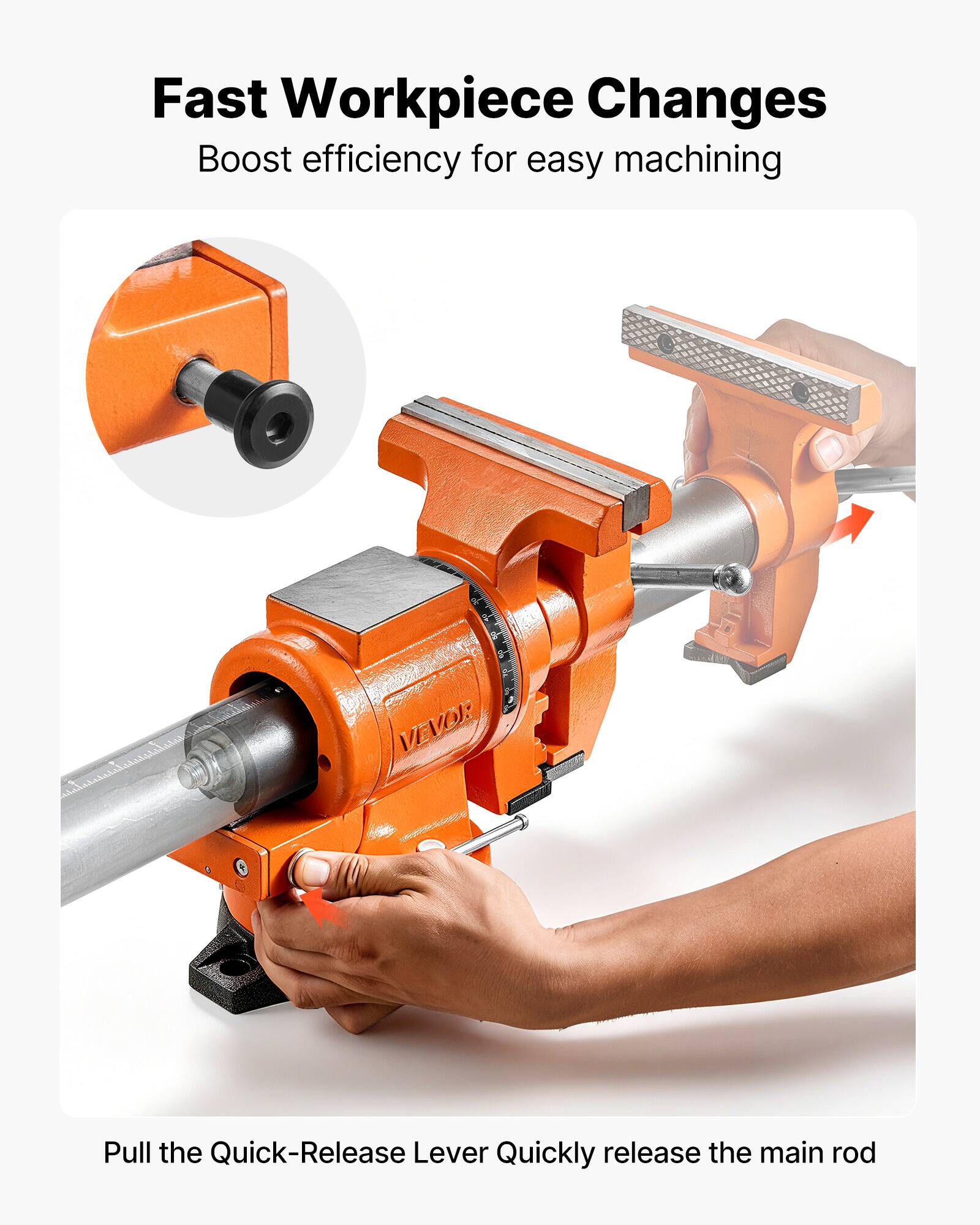 Fast Workpiece Changes  
Boost efficiency for easy machining  

Pull the Quick-Release Lever  
Quickly release the main rod