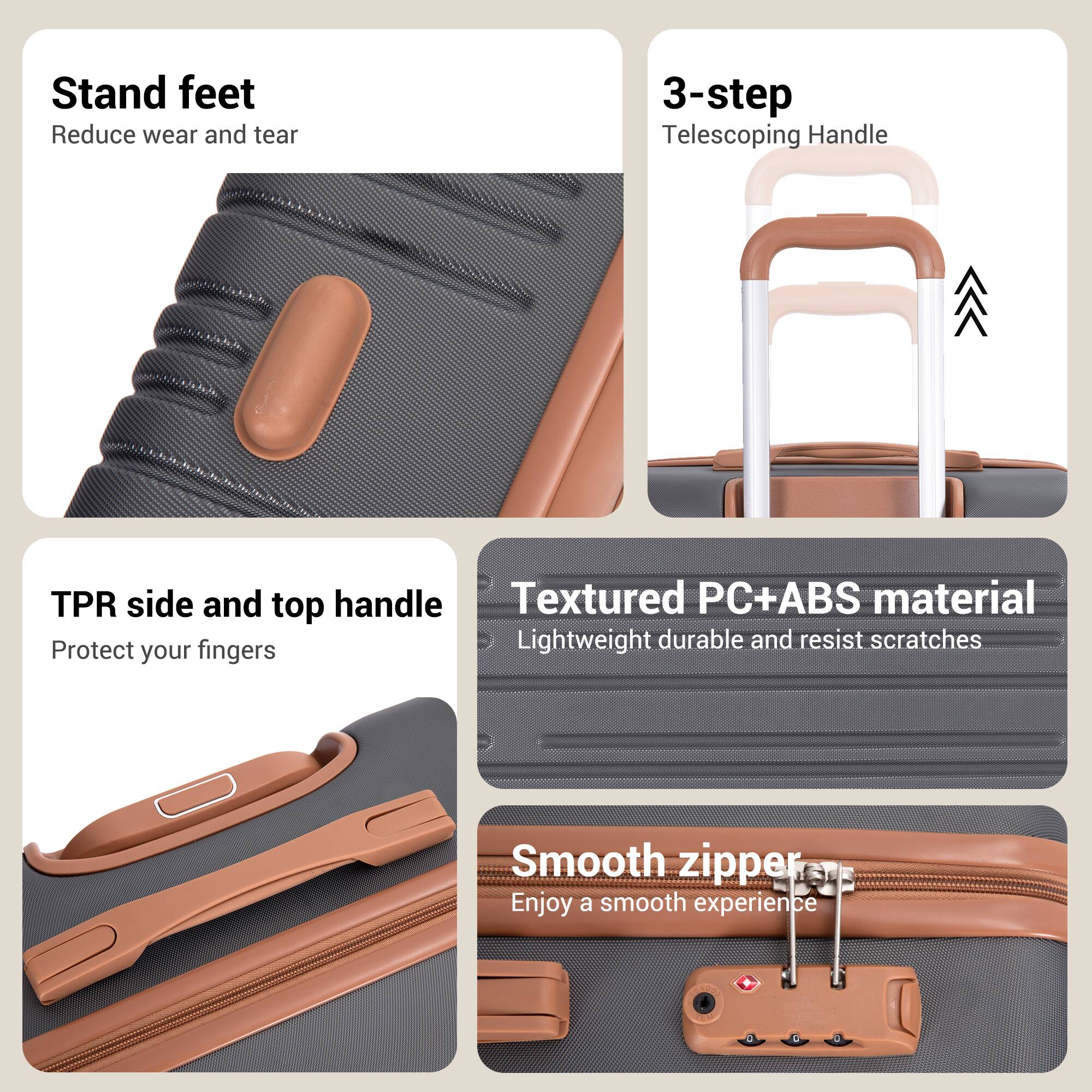 - Stand feet
  - Reduce wear and tear

- 3-step Telescoping Handle

- TPR side and top handle
  - Textured PC+ABS material
  - Lightweight durable and resist scratches
  - Protect your fingers

- Smooth zipper
  - Enjoy a smooth experience