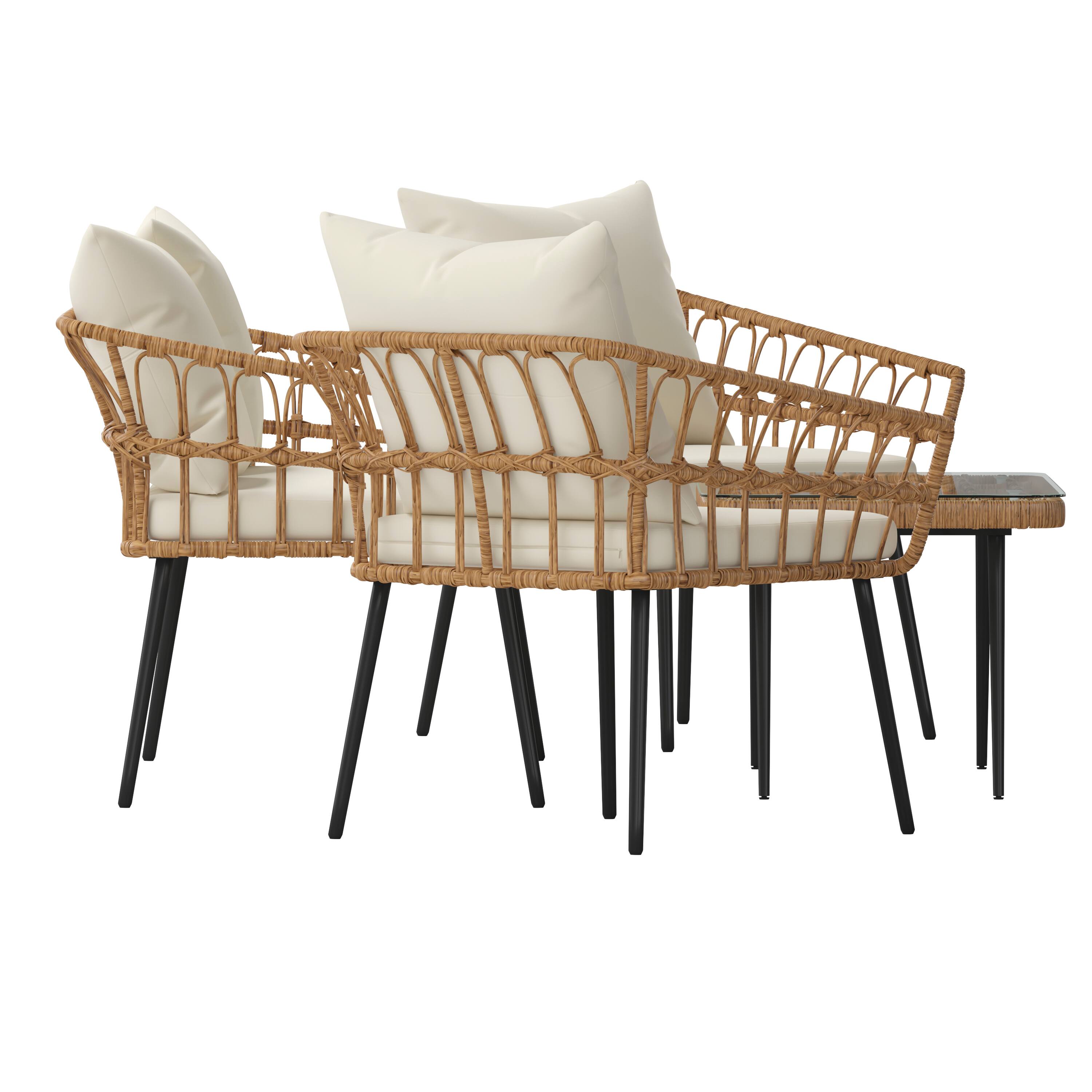 Alt View 10. Emma + Oliver - 4PC Rattan Patio Set with Two Chairs, Loveseat, Table & Cushions - Cream Cushions/Natural Frame.