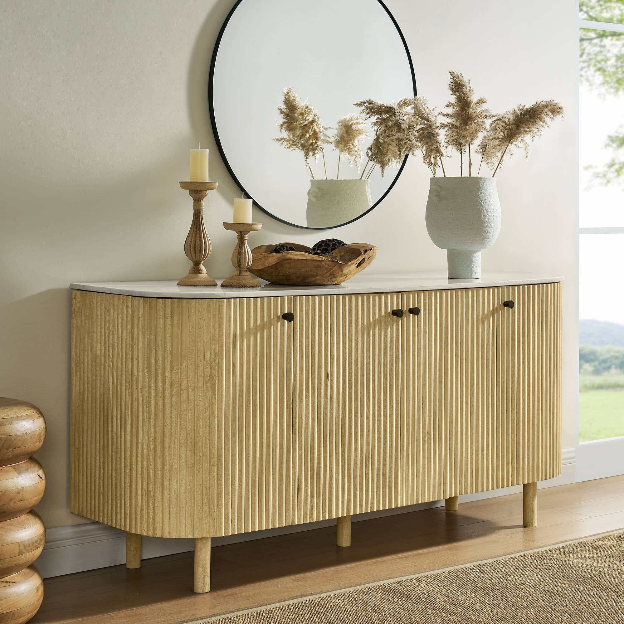 Caldera 60" Curved Solid Wood and Marble Sideboard Storage Cabinet by Modway - Natural