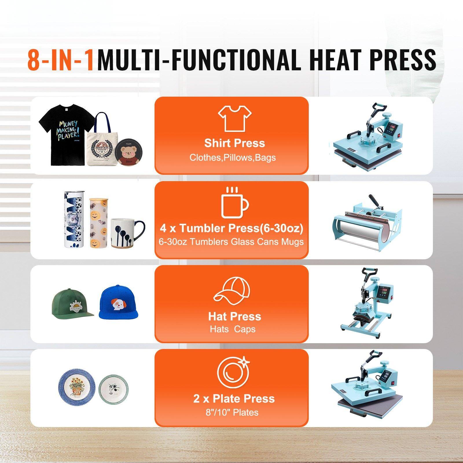8-IN-1 MULTI-FUNCTIONAL HEAT PRESS

- Shirt Press
  - Clothes, Pillows, Bags

- 4 x Tumbler Press
  - 6-30oz Tumblers, Glass Cans, Mugs

- Hat Press
  - Hats, Caps

- 2 x Plate Press
  - 8"/10" Plates