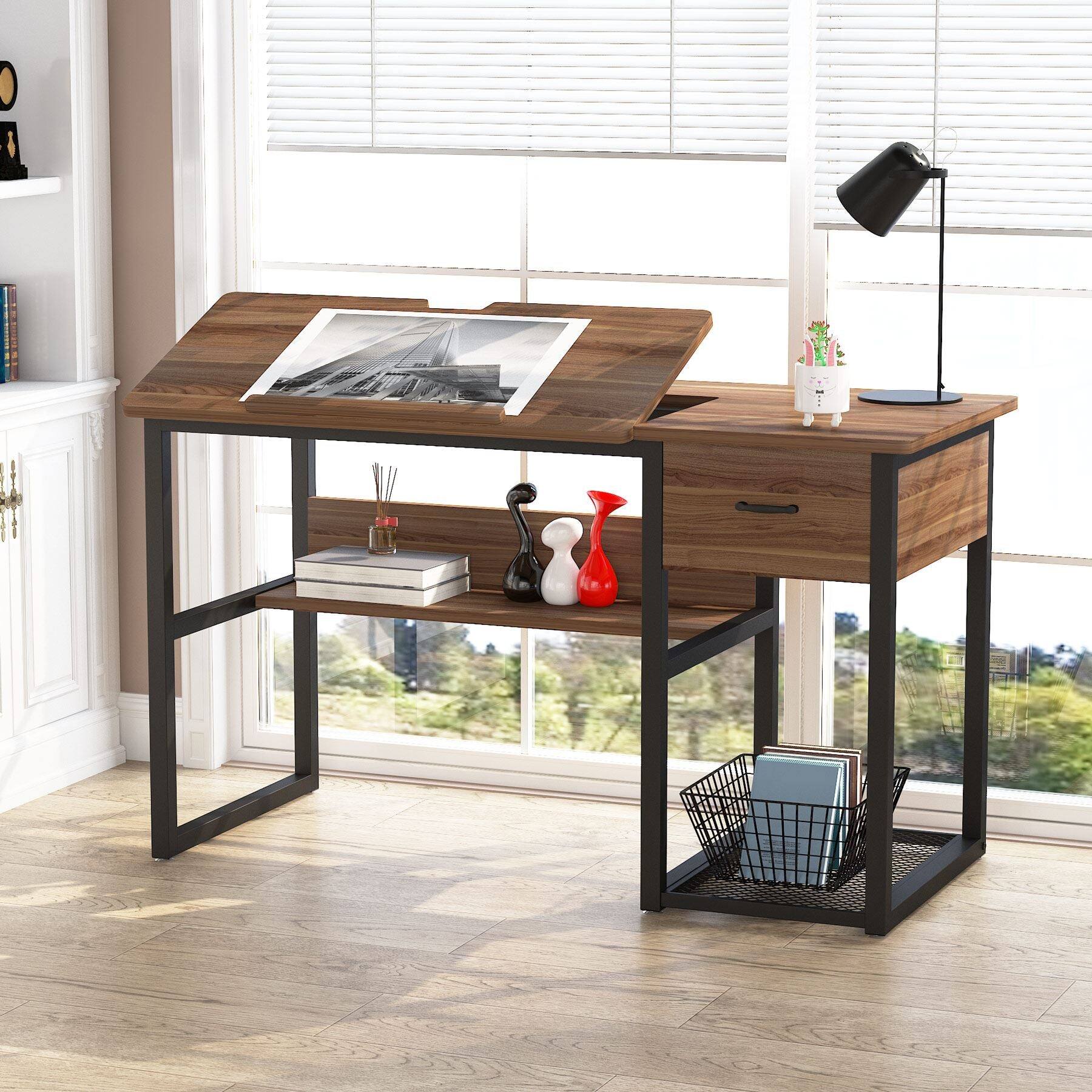 Back. Tribesigns - Office Drafting Table, For Drawing, Creative Projects and Everyday Work in a Home Studio - Brown.