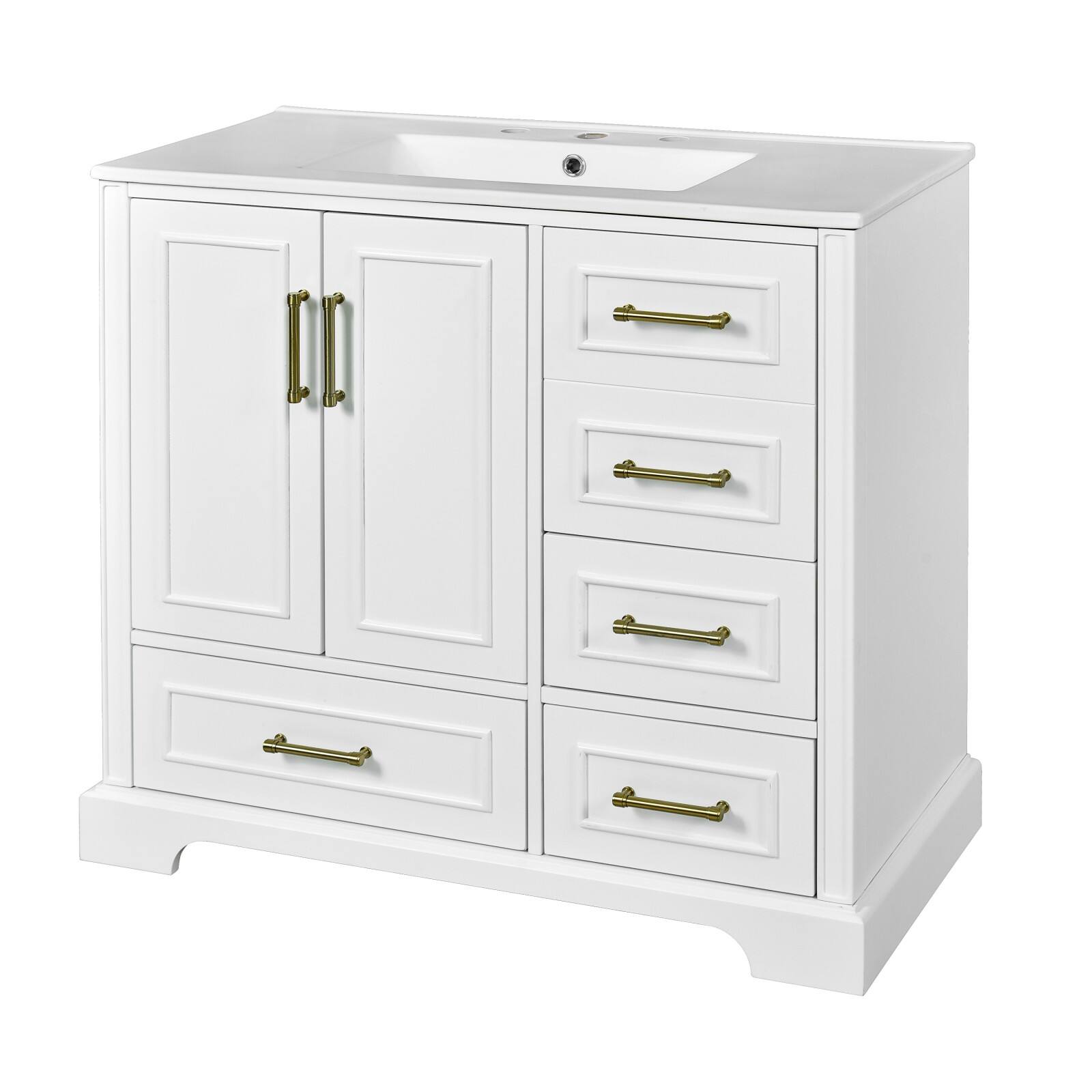 Front. Glintex - 36 Inch Traditional Bathroom Vanity with Ceramic Sink, 2 Doors & 4 Drawers - White.