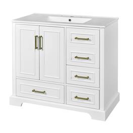 36 Inch Traditional Bathroom Vanity with Ceramic Sink, 2 Doors & 4 Drawers