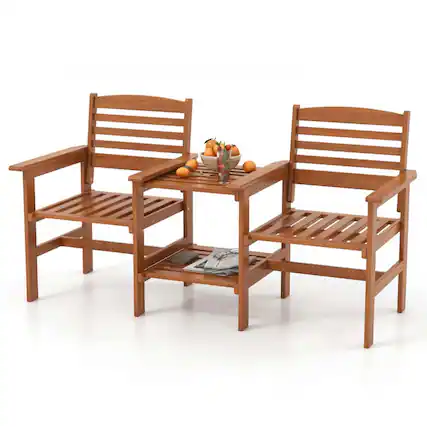 Front. Pefilos - 3-Piece Outdoor Patio Wood 2-Seat Conversation Set with Solid Wood Construction, Outdoor Bistro Set with Coffee Table - Brown.