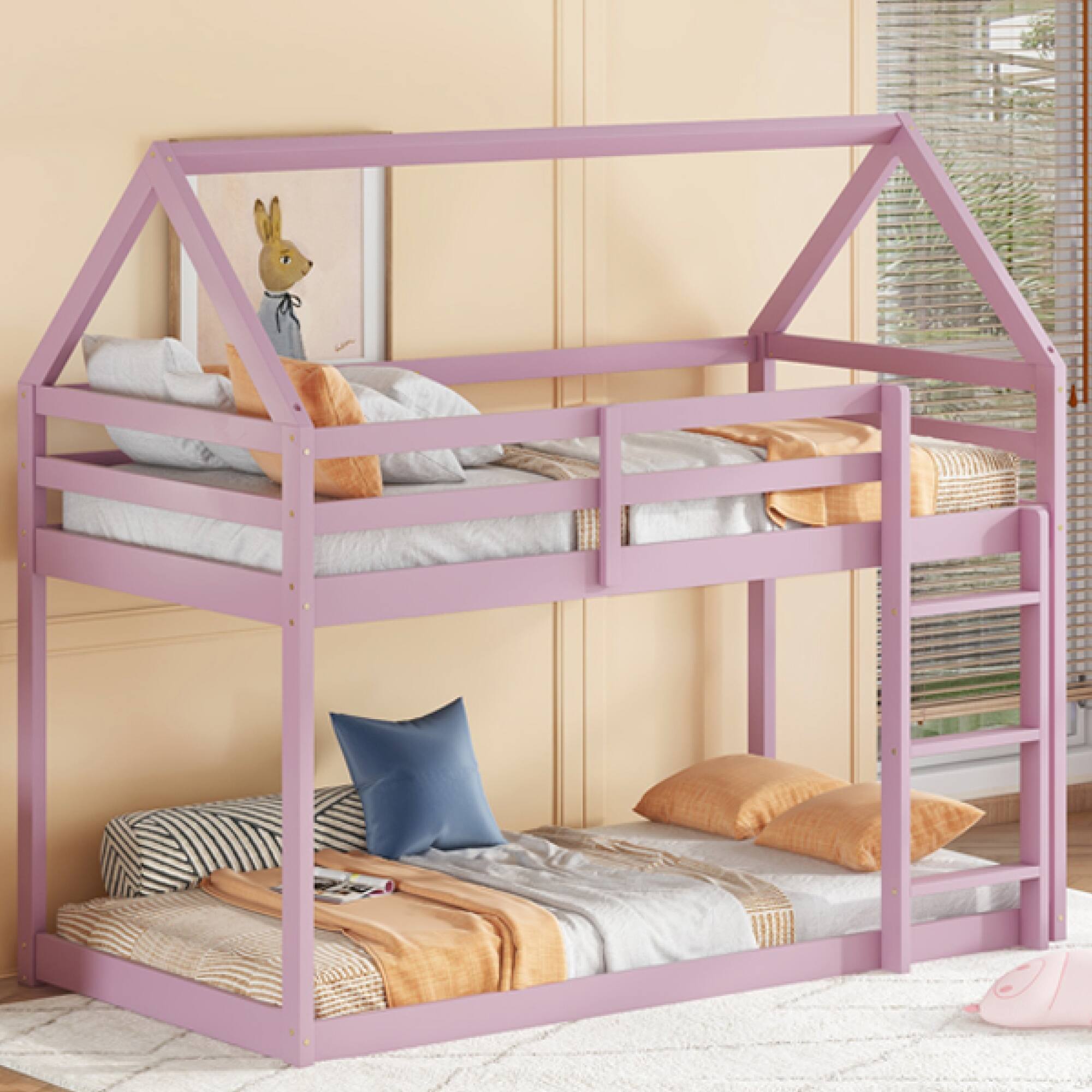 Alt View 10. GOODSILO - House-Shaped Twin Over Twin Rubber Wood Bunk Bed with Ladder and Guardrails for Kids - Pink.