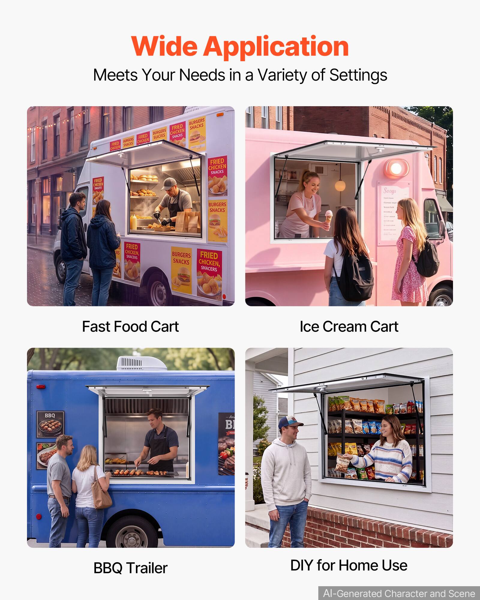 Wide Application Meets Your Needs in a Variety of Settings

Fast Food Cart
Ice Cream Cart
BBQ Trailer
DIY for Home Use

AI-Generated Character and Scene